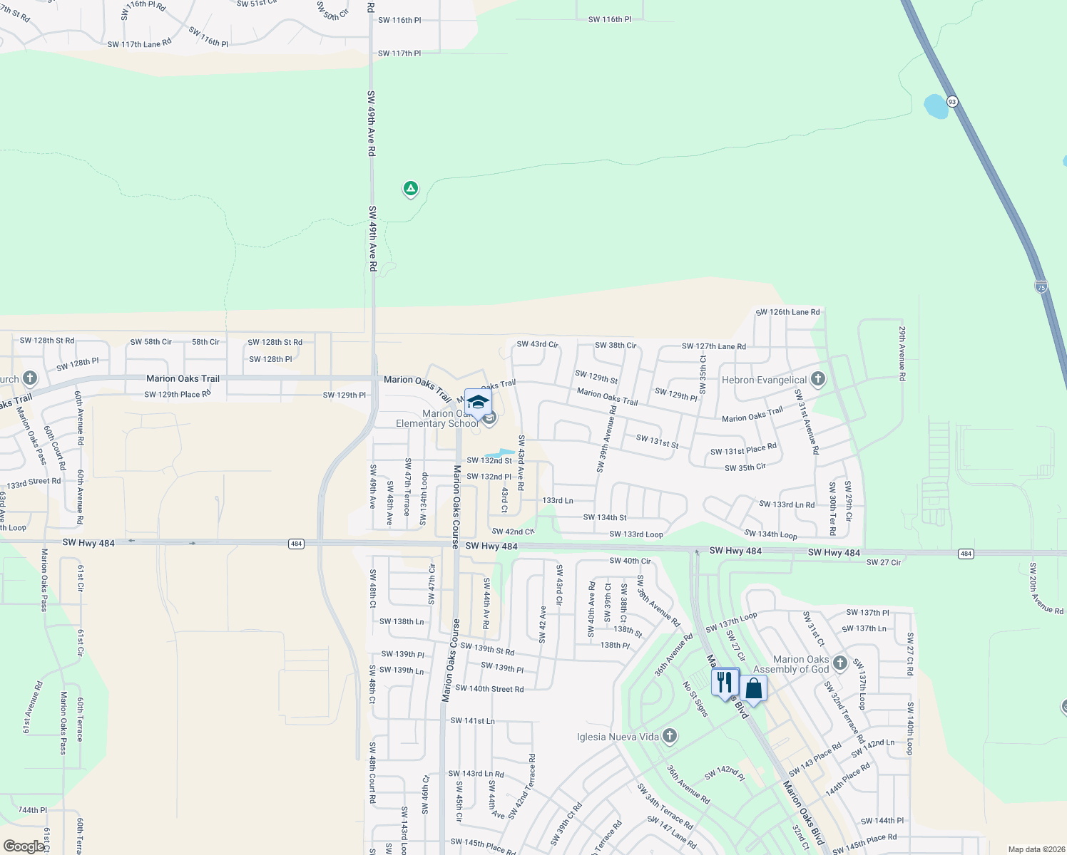 map of restaurants, bars, coffee shops, grocery stores, and more near 4111 Southwest 130th Loop in Ocala