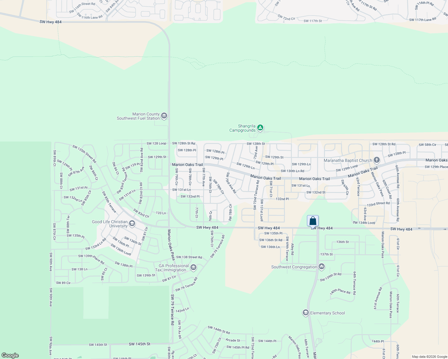 map of restaurants, bars, coffee shops, grocery stores, and more near 13090 Southwest 73rd Avenue Road in Ocala
