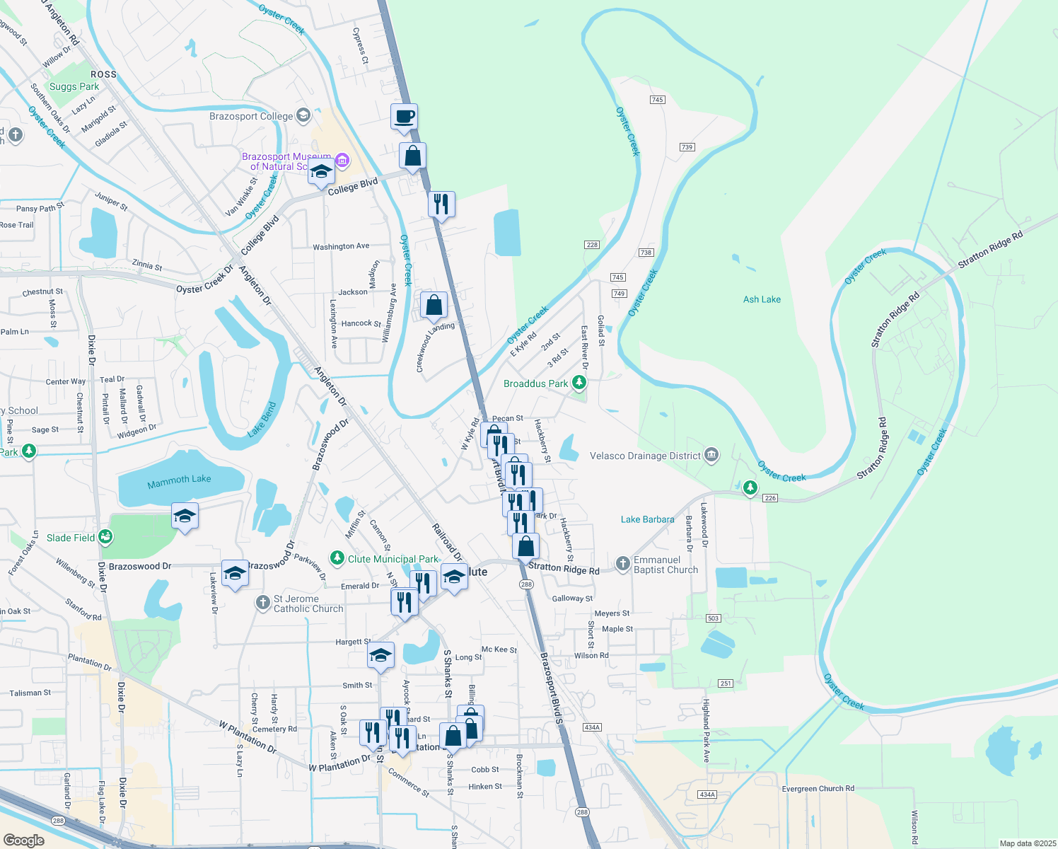 map of restaurants, bars, coffee shops, grocery stores, and more near 1157 Pecan St in Clute