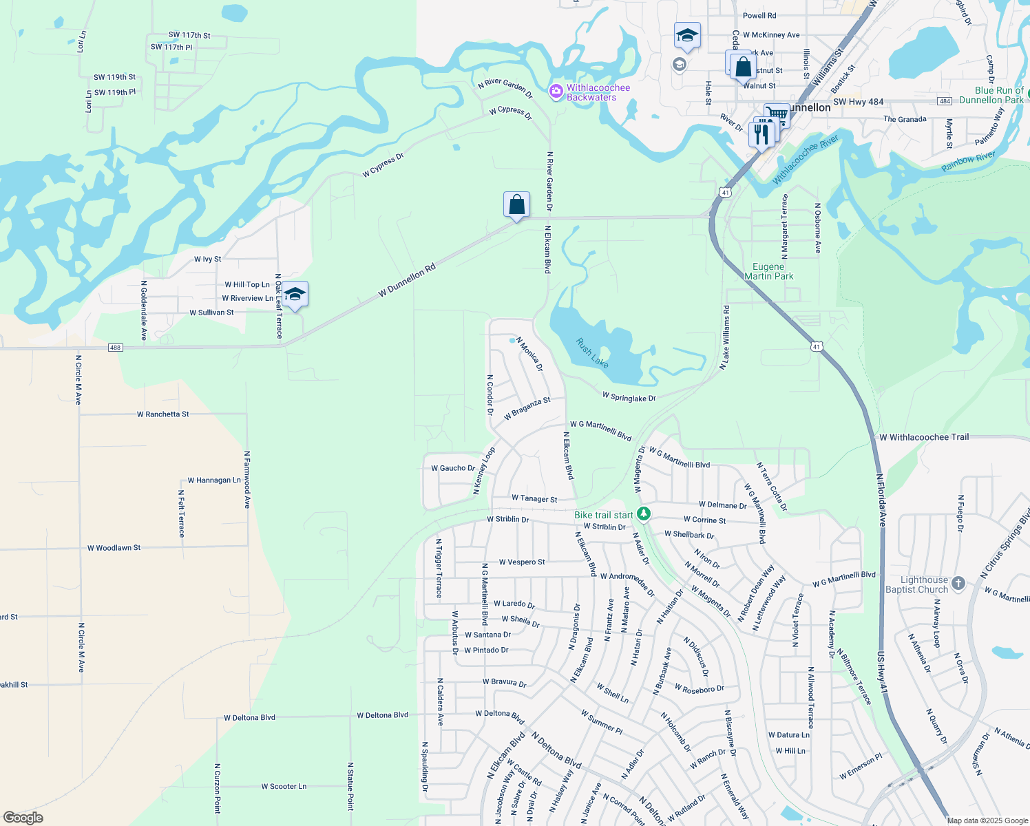 map of restaurants, bars, coffee shops, grocery stores, and more near 2632 West Braganza Street in Citrus Springs