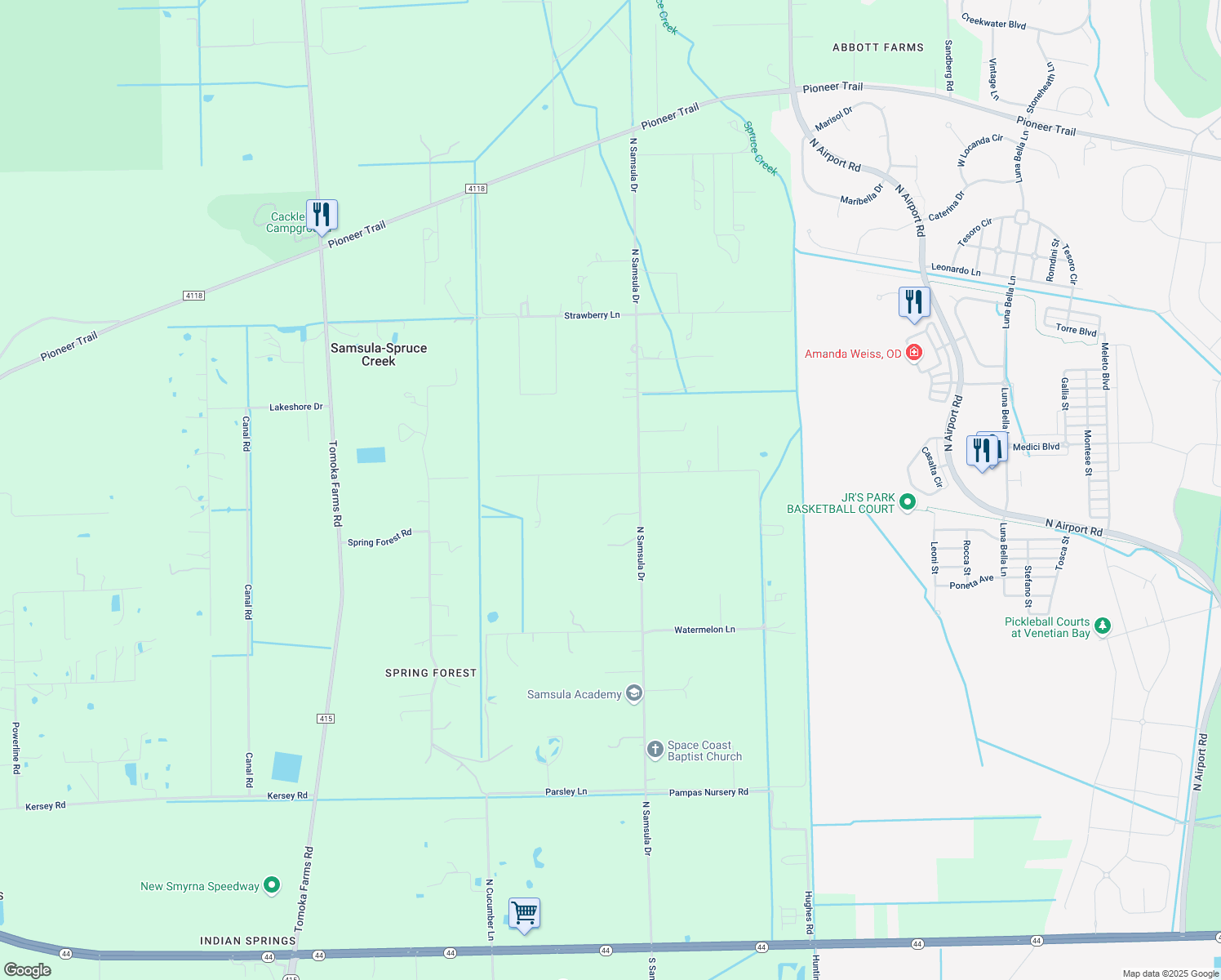 map of restaurants, bars, coffee shops, grocery stores, and more near 388 North Samsula Drive in New Smyrna Beach