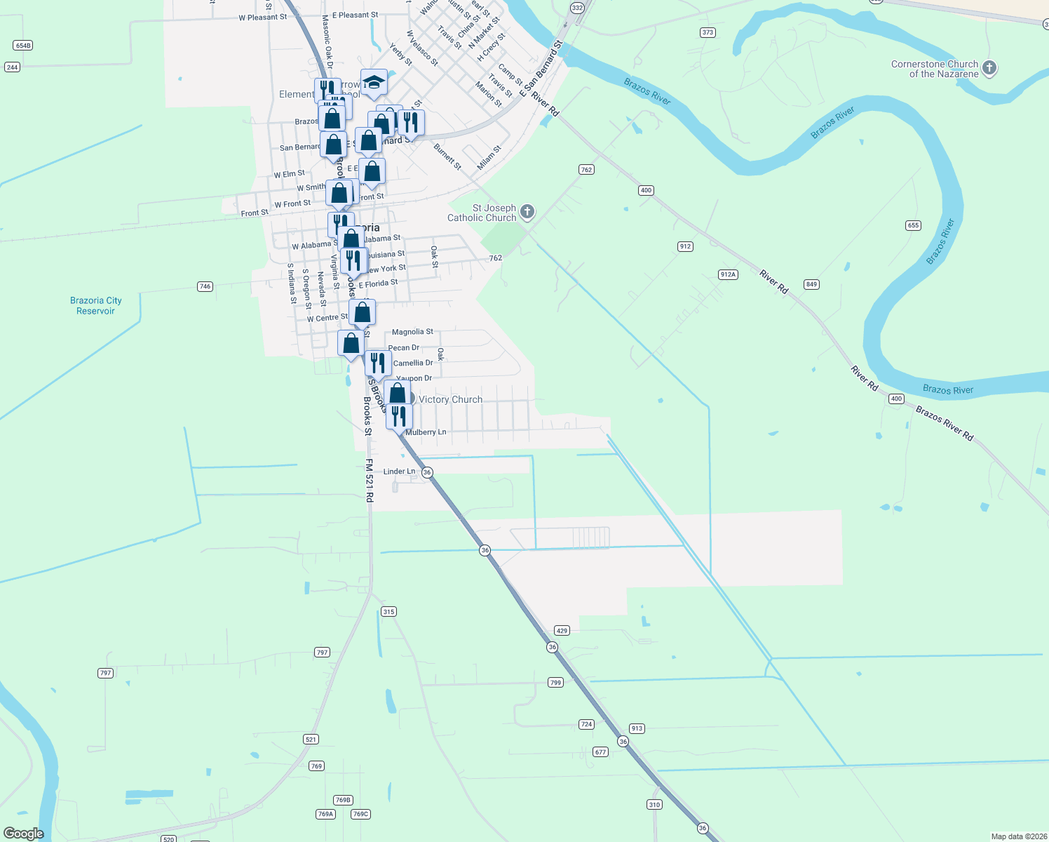map of restaurants, bars, coffee shops, grocery stores, and more near 923 Mulberry Ln in Brazoria