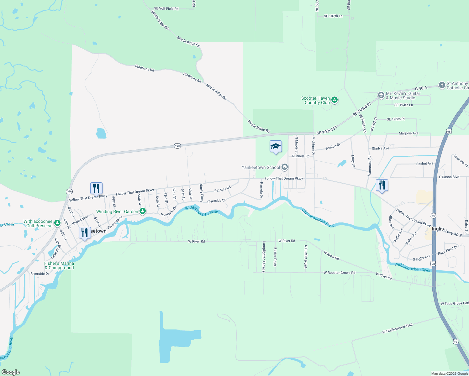 map of restaurants, bars, coffee shops, grocery stores, and more near 11 Patricia Road in Yankeetown
