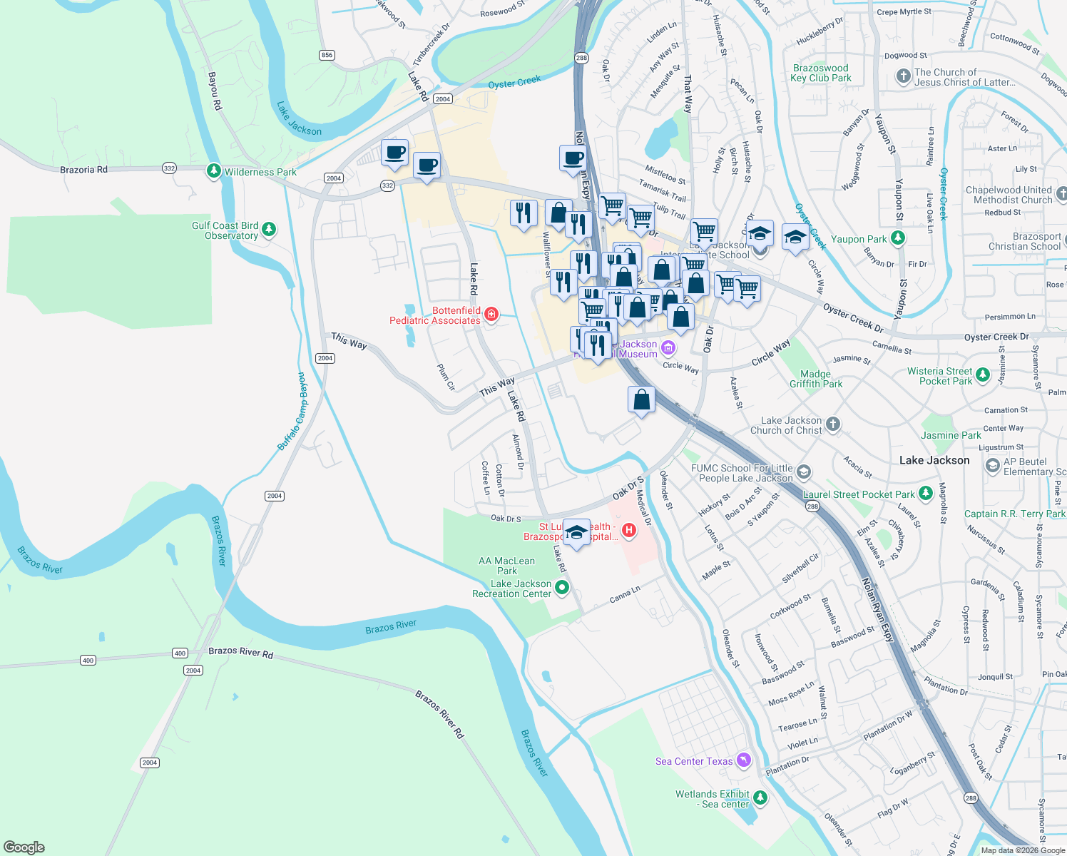 map of restaurants, bars, coffee shops, grocery stores, and more near 52 Tangerine Ct in Lake Jackson