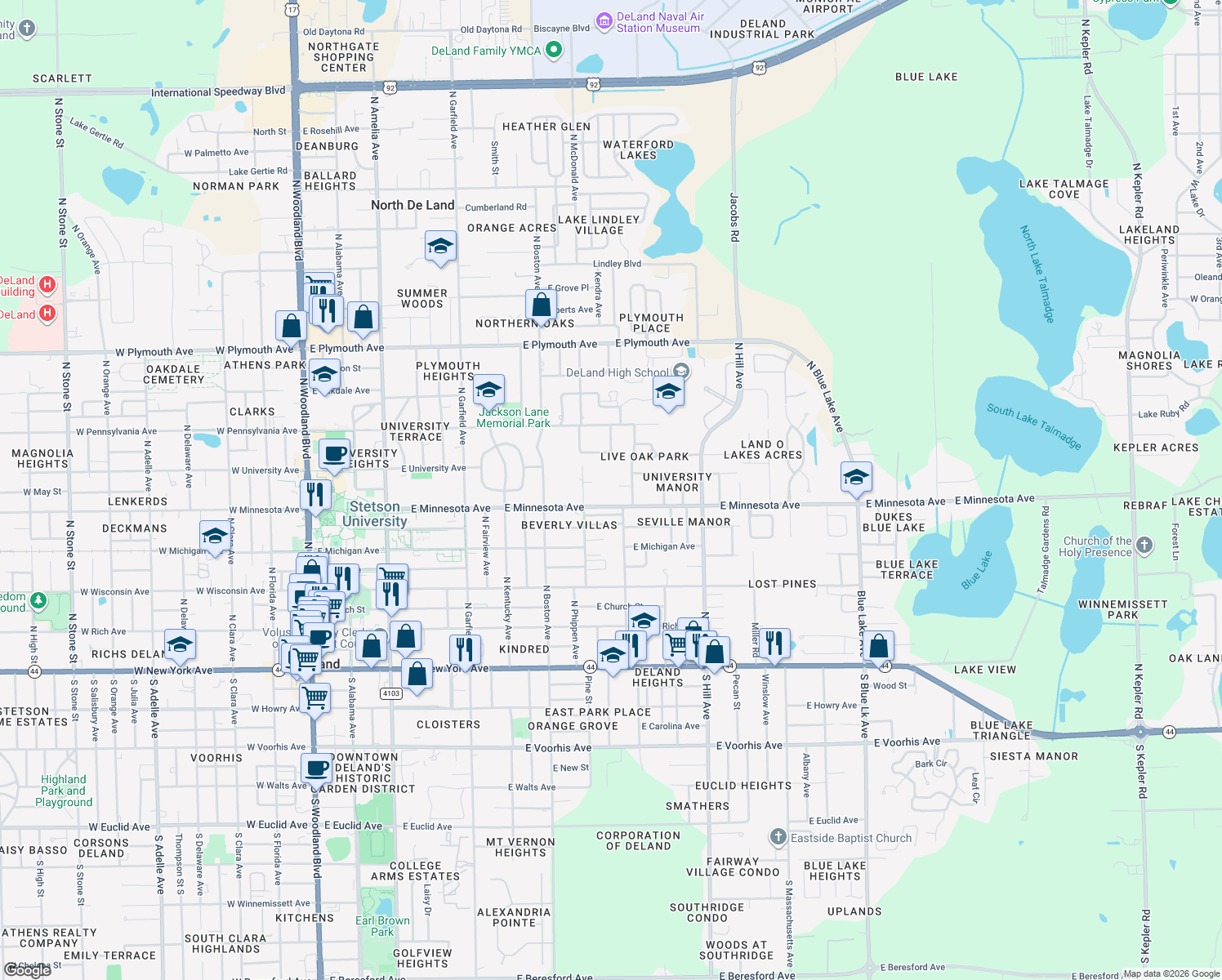 map of restaurants, bars, coffee shops, grocery stores, and more near 851 East Minnesota Avenue in DeLand