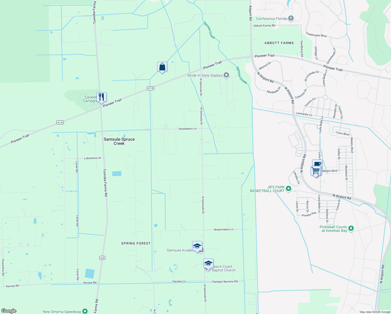 map of restaurants, bars, coffee shops, grocery stores, and more near 448 North Samsula Drive in New Smyrna Beach
