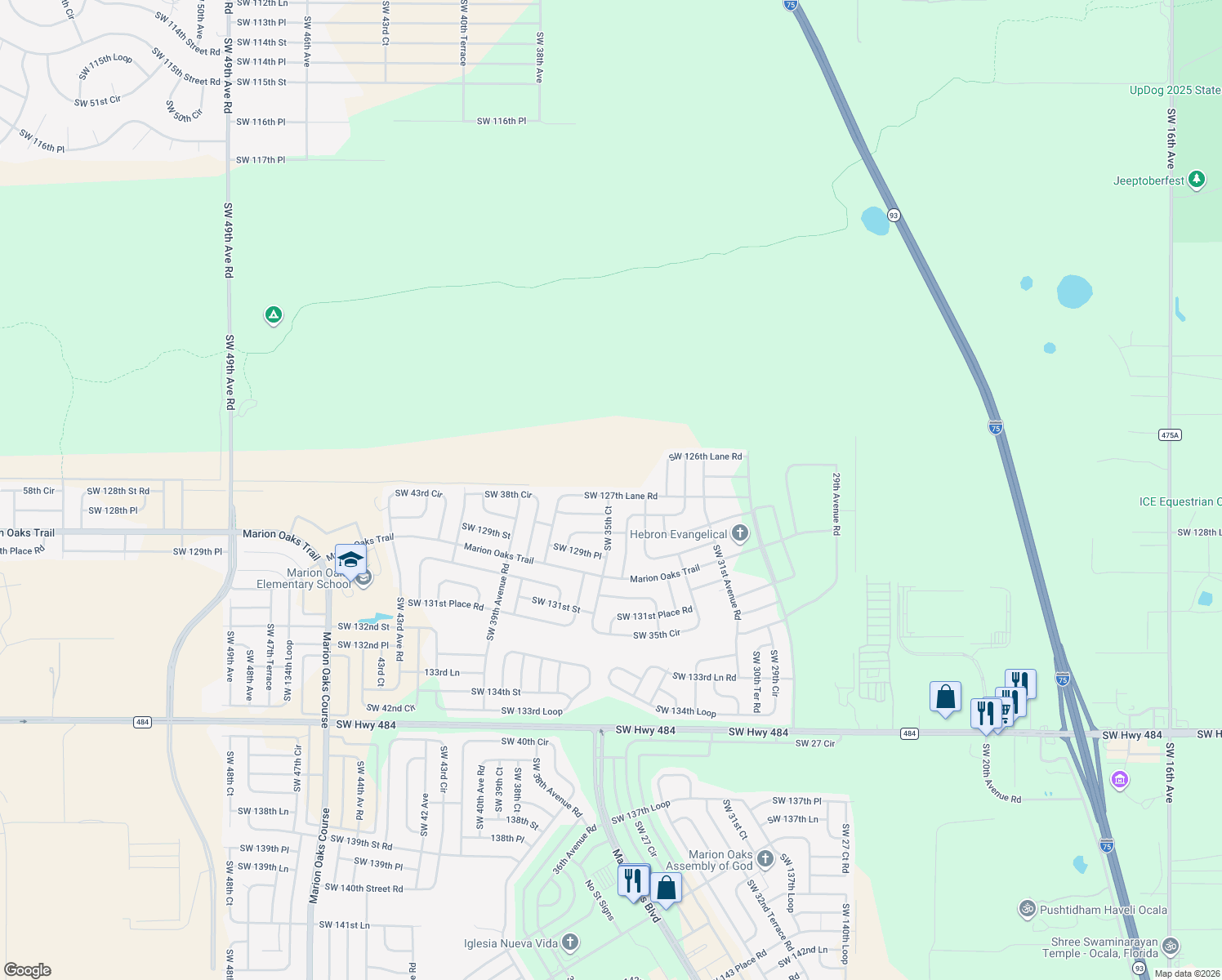 map of restaurants, bars, coffee shops, grocery stores, and more near 3549 Southwest 127th Lane in Ocala