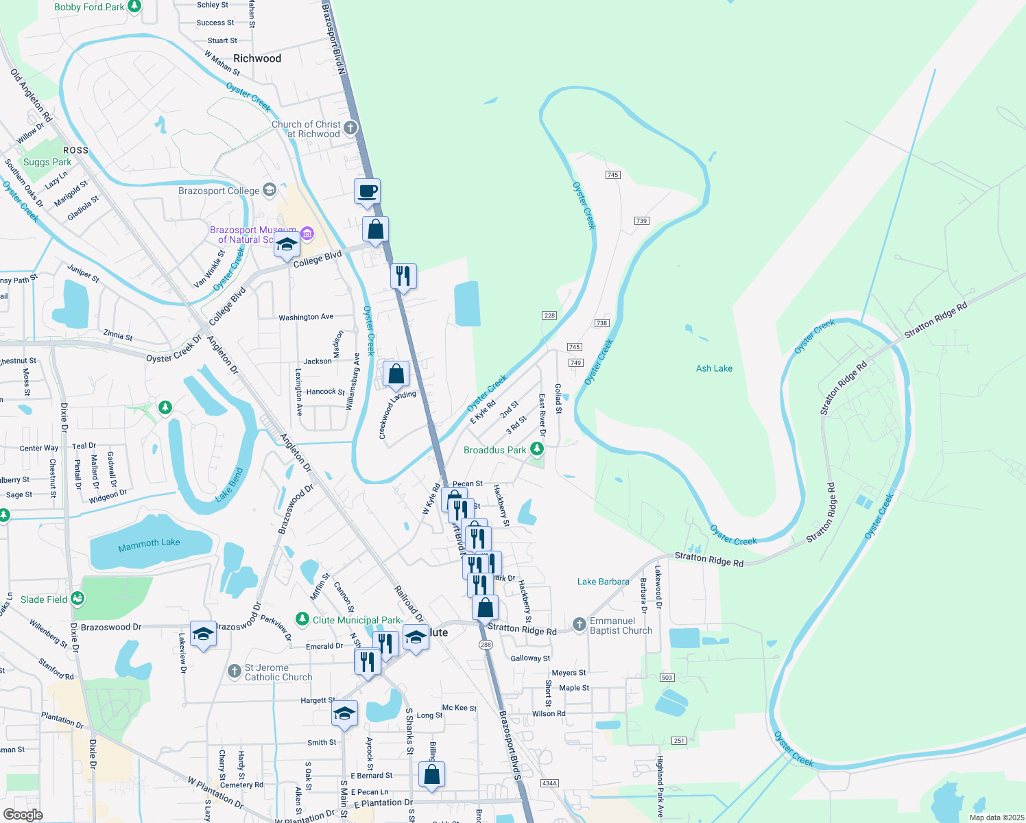 map of restaurants, bars, coffee shops, grocery stores, and more near 1165 2nd Street in Clute