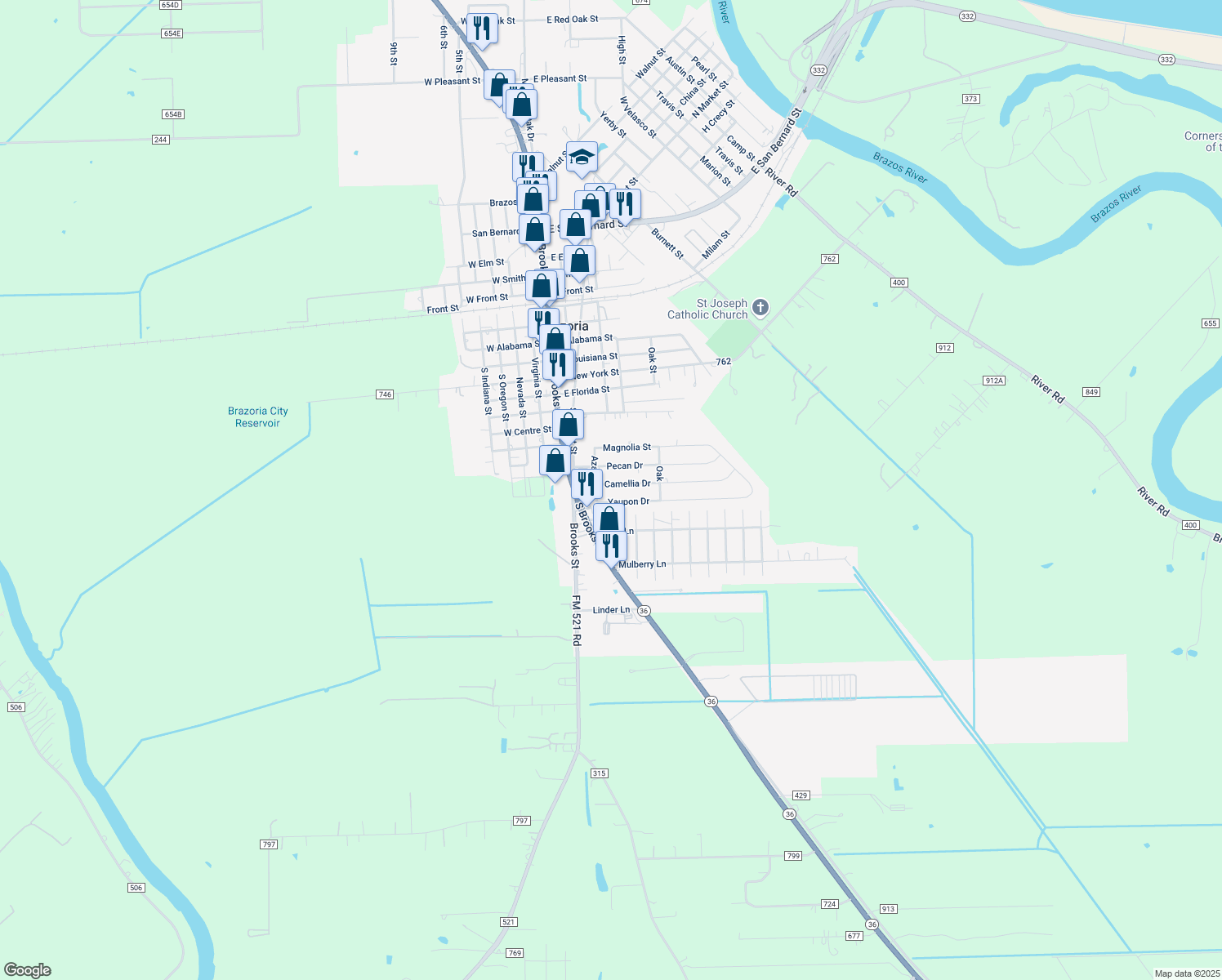 map of restaurants, bars, coffee shops, grocery stores, and more near 232 Camellia Dr in Brazoria