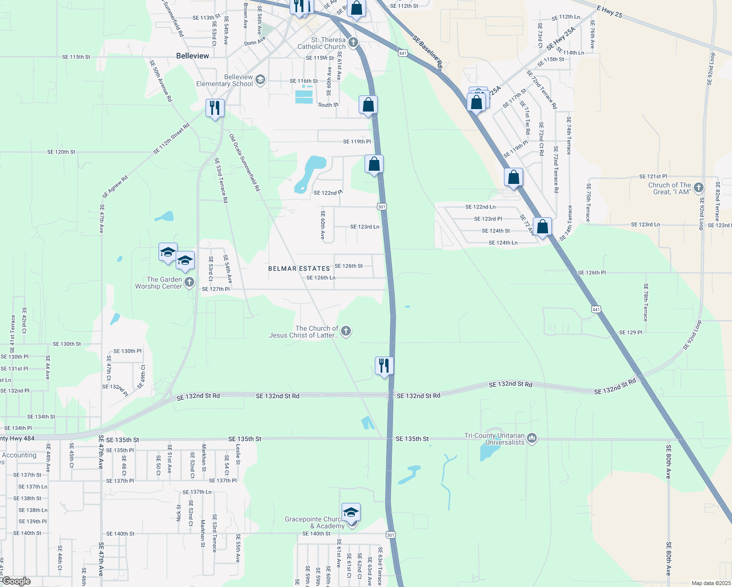 map of restaurants, bars, coffee shops, grocery stores, and more near 6264 Southeast 127th Place in Belleview