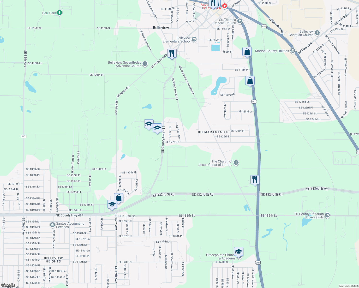 map of restaurants, bars, coffee shops, grocery stores, and more near 5450 Southeast 127th Place in Belleview