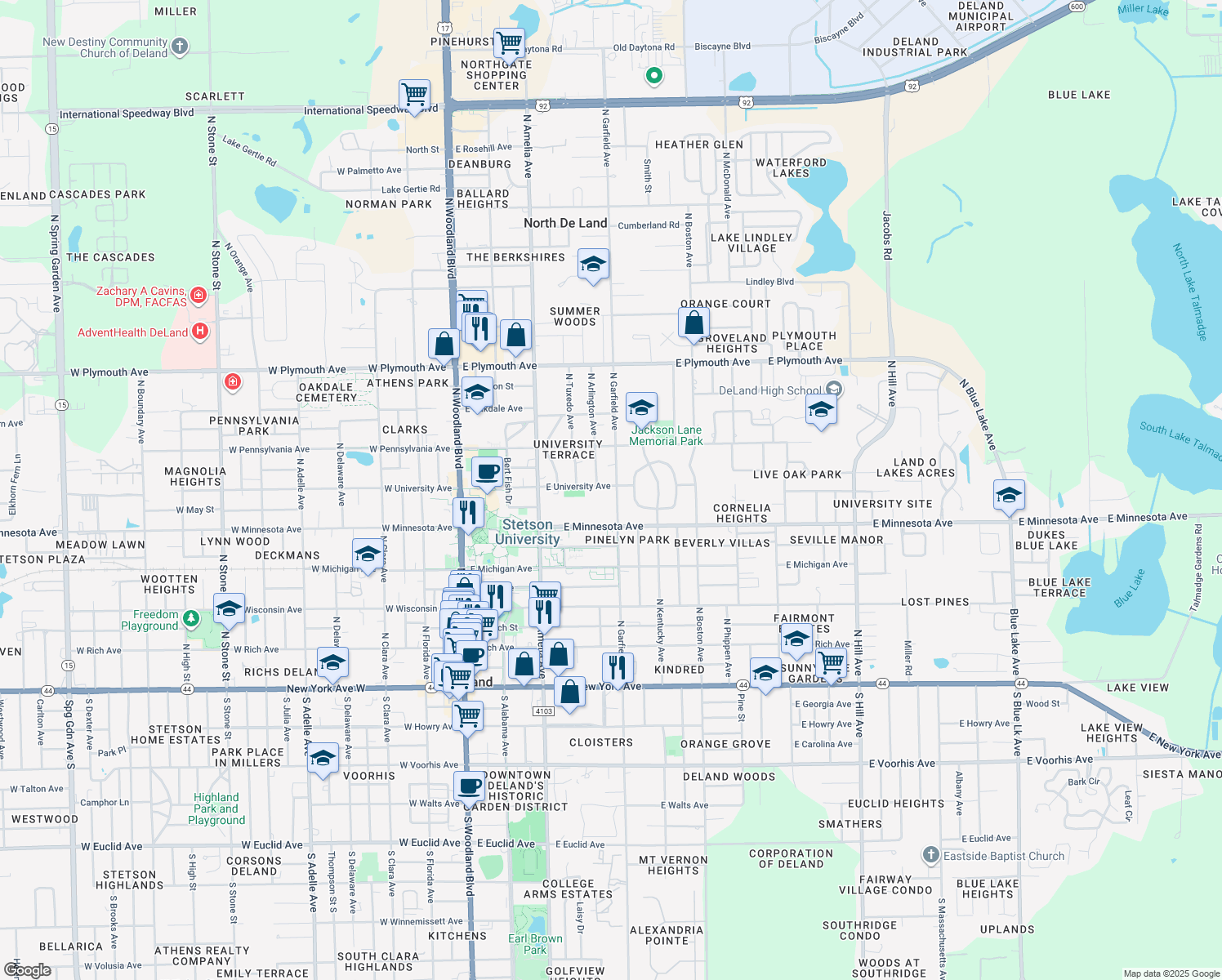 map of restaurants, bars, coffee shops, grocery stores, and more near 424 East University Avenue in DeLand