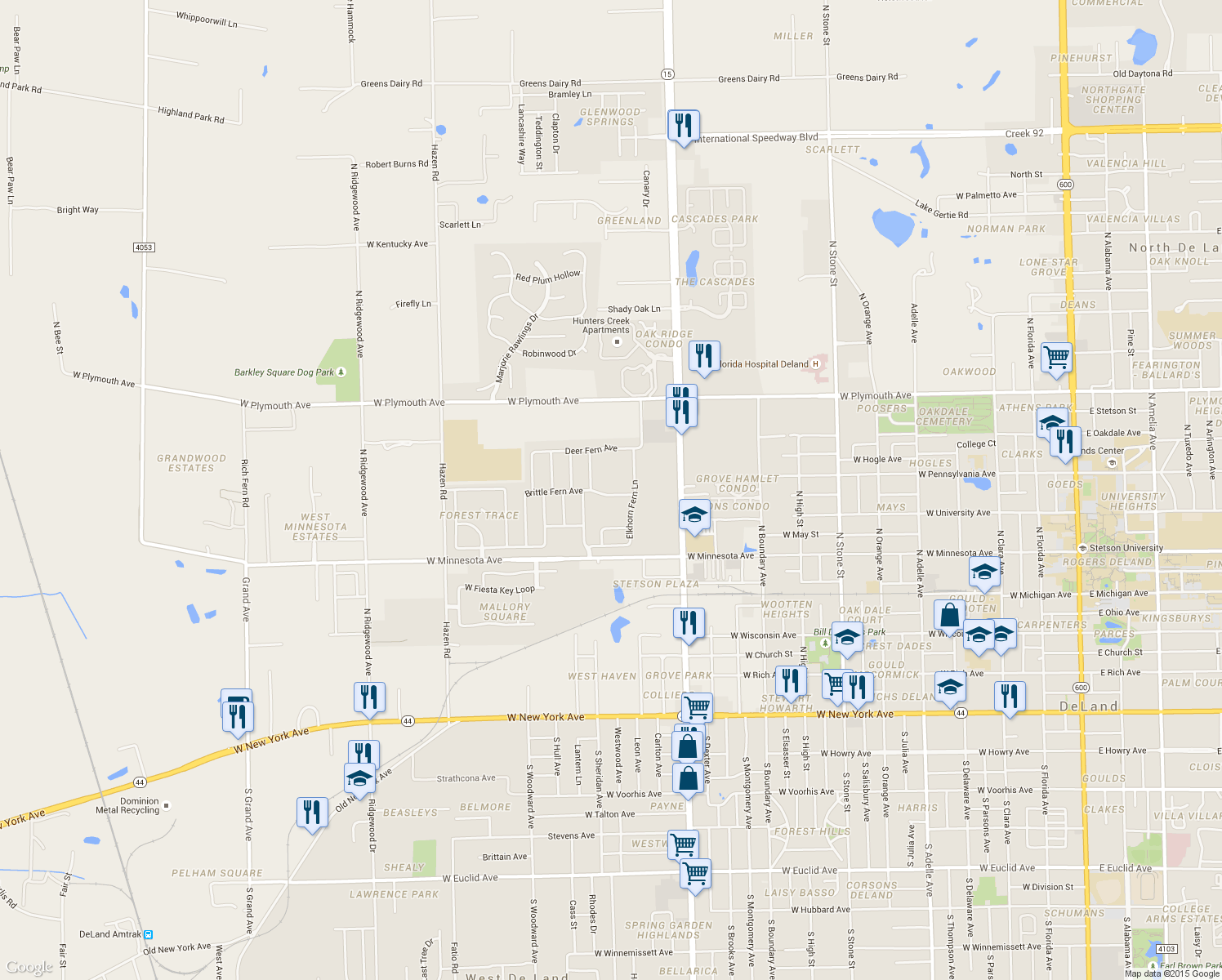 map of restaurants, bars, coffee shops, grocery stores, and more near 607 Brittle Fern Avenue in DeLand