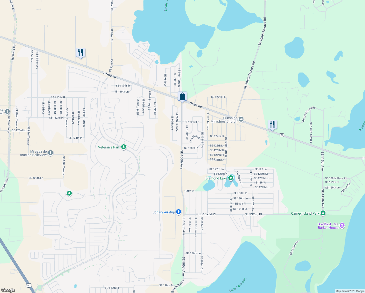 map of restaurants, bars, coffee shops, grocery stores, and more near 12549 Southeast 100th Avenue in Belleview
