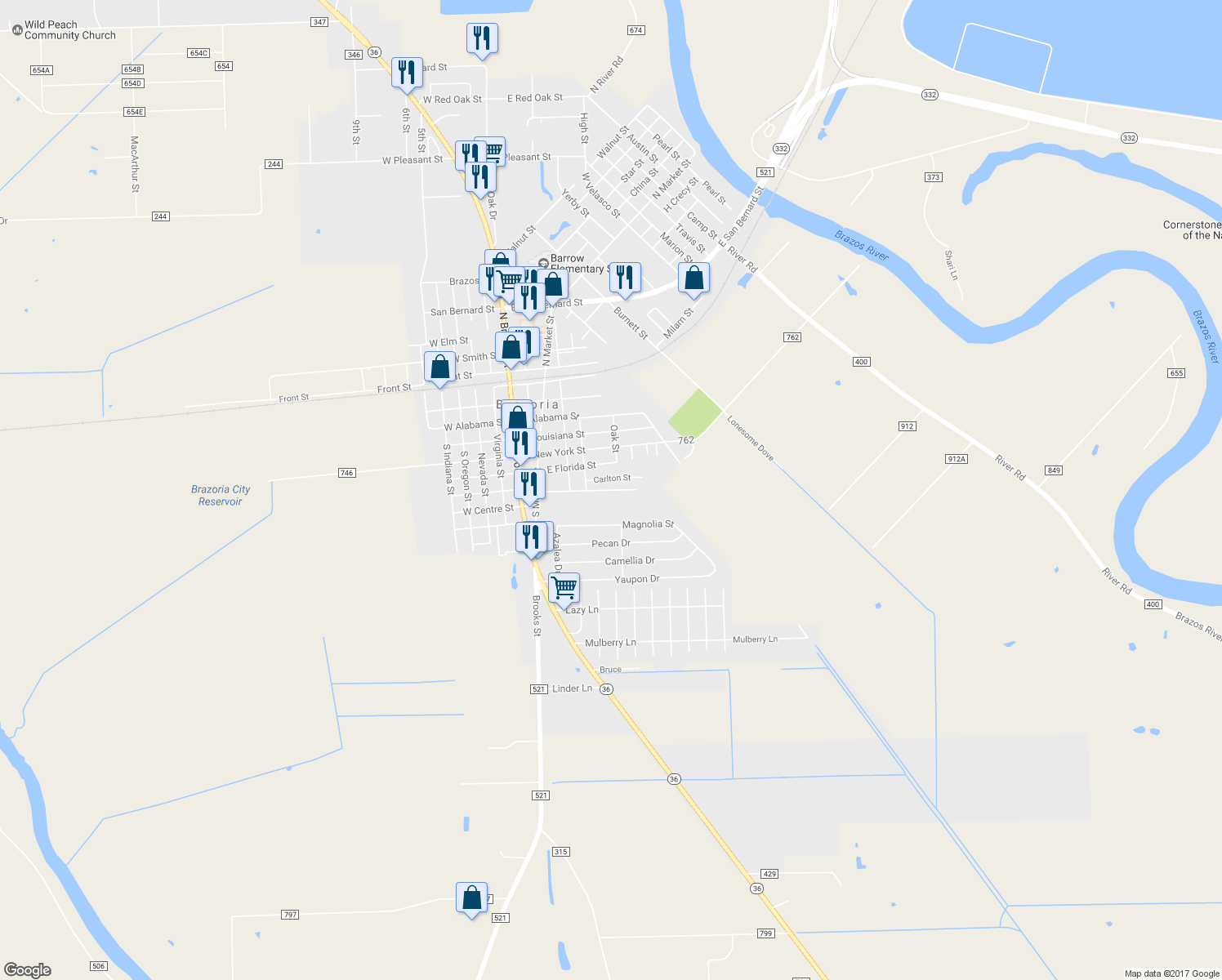 map of restaurants, bars, coffee shops, grocery stores, and more near 416 East Washington Street in Brazoria