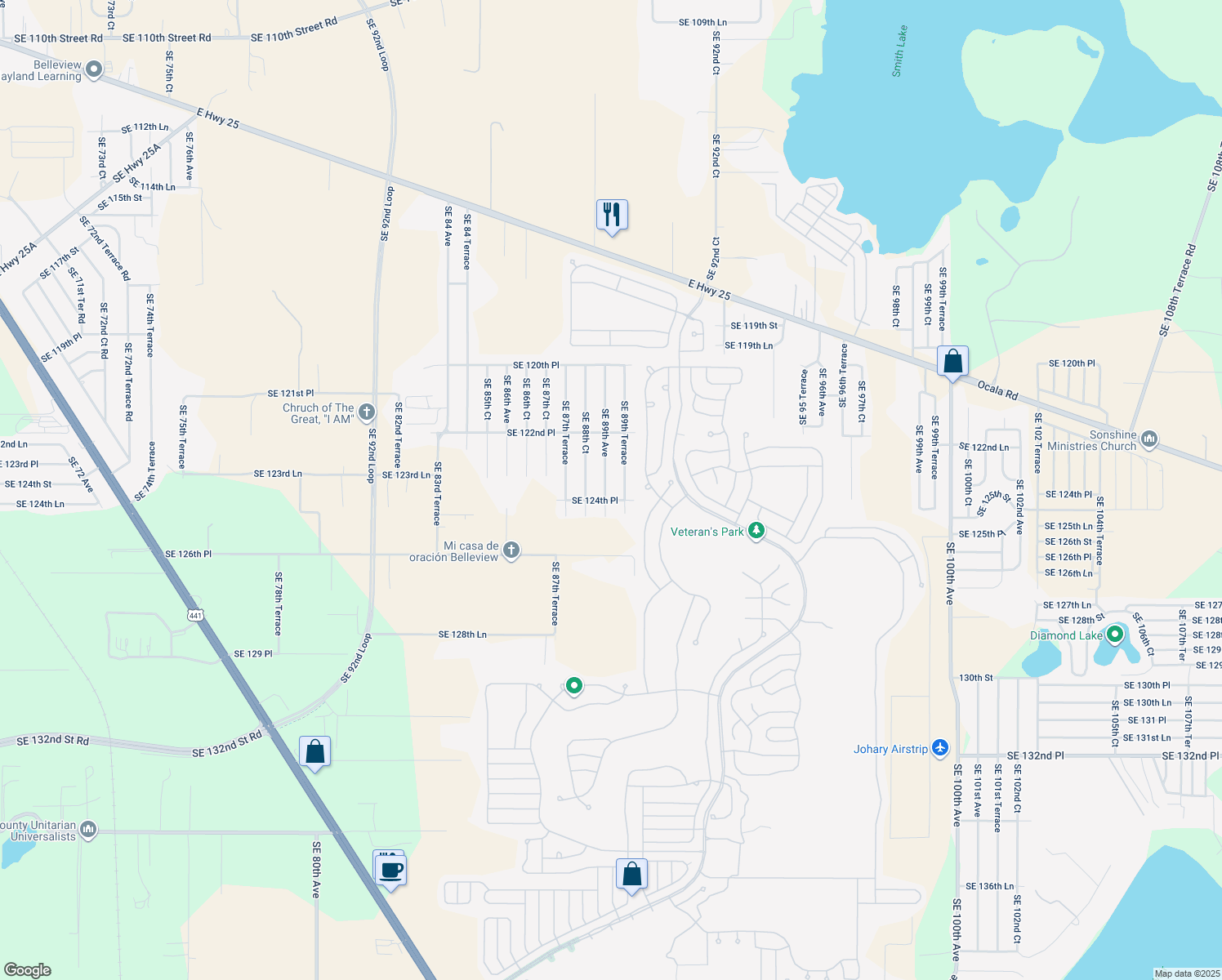 map of restaurants, bars, coffee shops, grocery stores, and more near 12431 Southeast 89th Avenue in Belleview