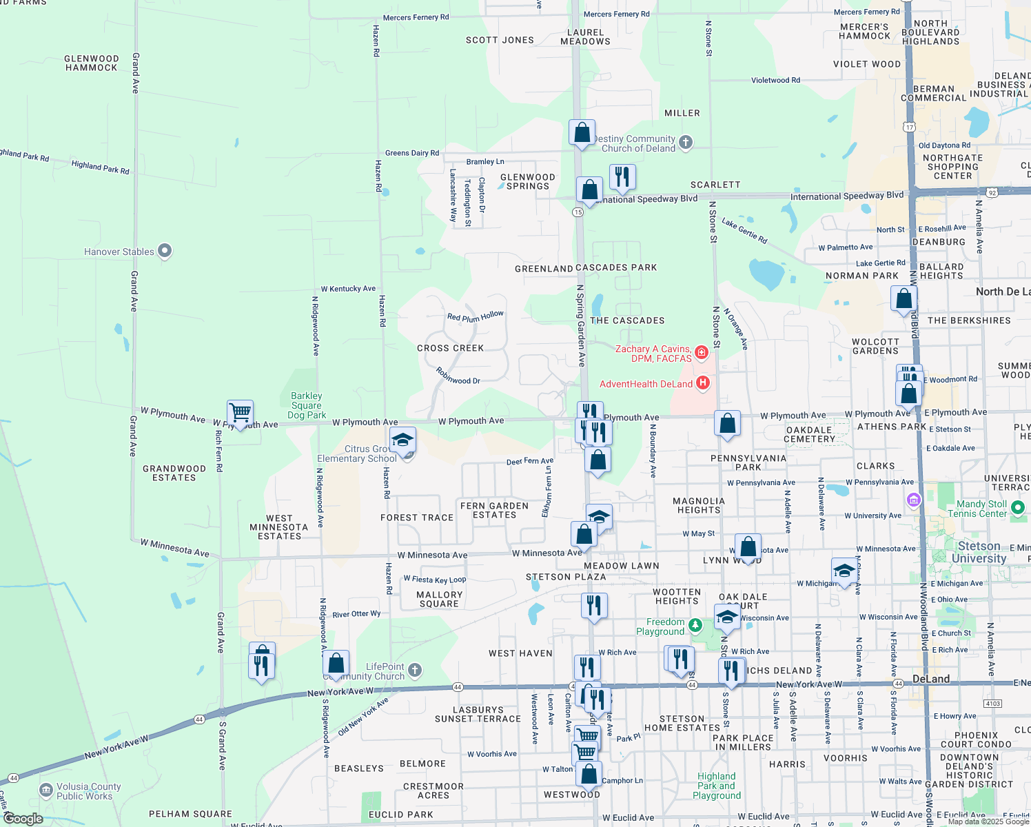 map of restaurants, bars, coffee shops, grocery stores, and more near 1319 West Plymouth Avenue in DeLand