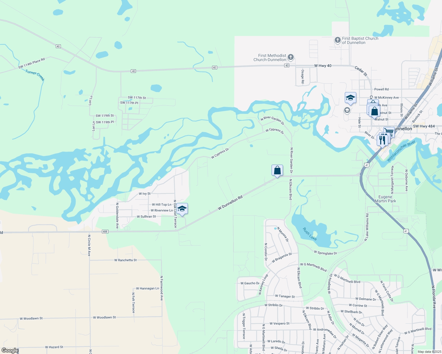 map of restaurants, bars, coffee shops, grocery stores, and more near 12293 North Gopher Point in Dunnellon