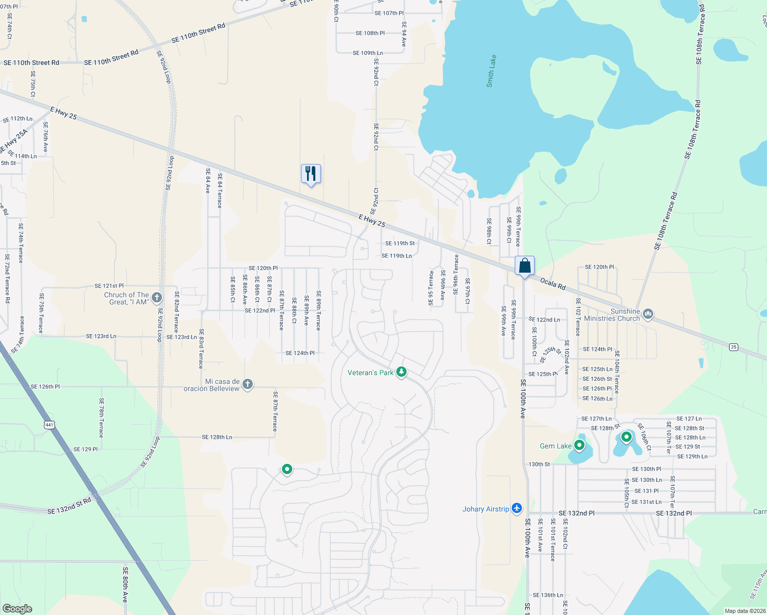 map of restaurants, bars, coffee shops, grocery stores, and more near 12255 Southeast 92nd Court Road in Summerfield