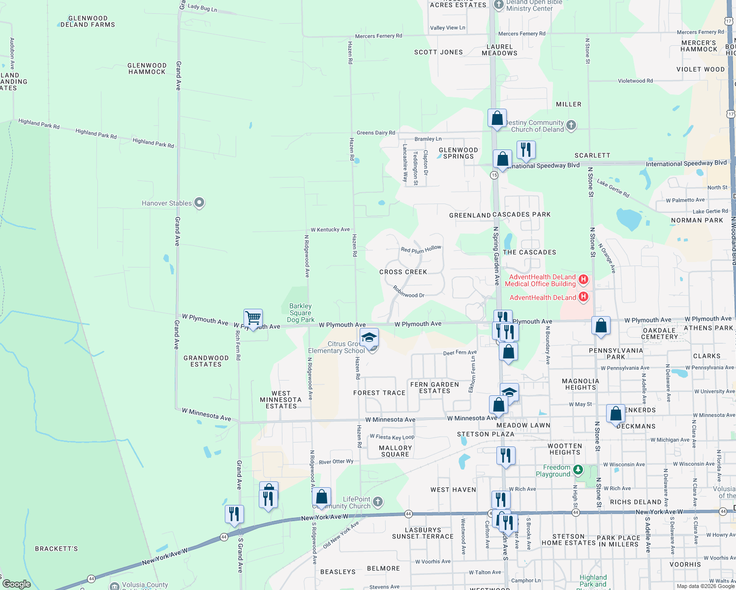 map of restaurants, bars, coffee shops, grocery stores, and more near 1019 Hazen Road in DeLand