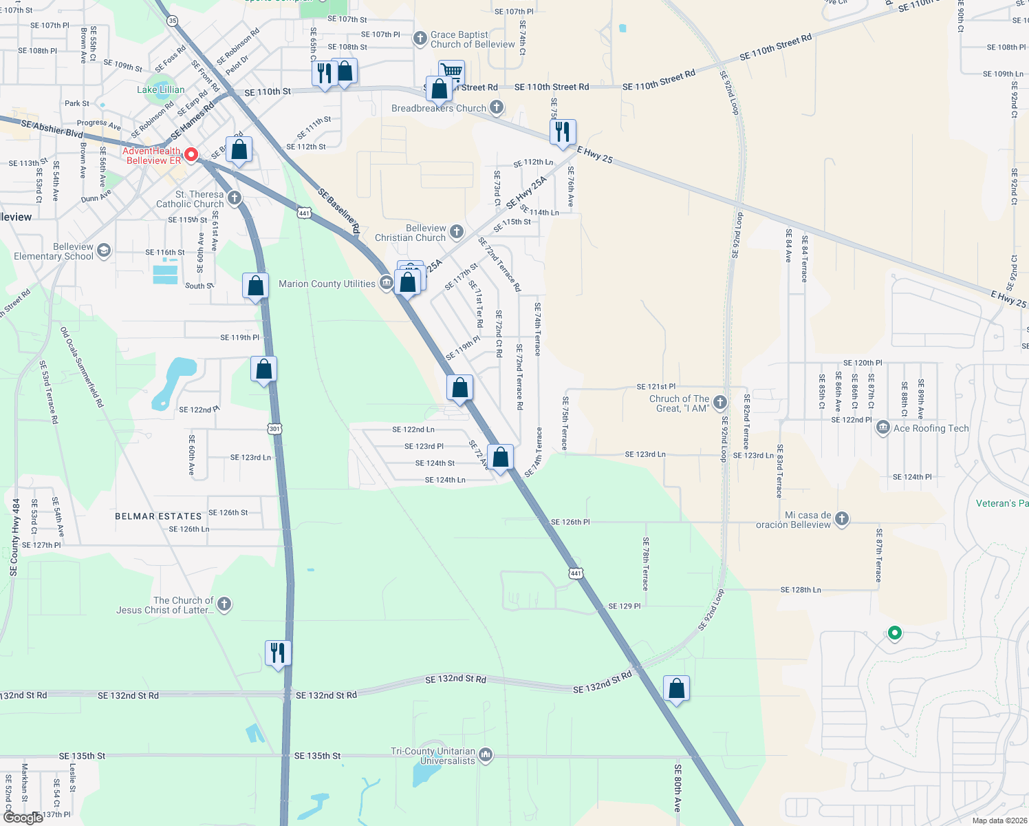 map of restaurants, bars, coffee shops, grocery stores, and more near 12218 Southeast 72nd Terrace Road in Belleview