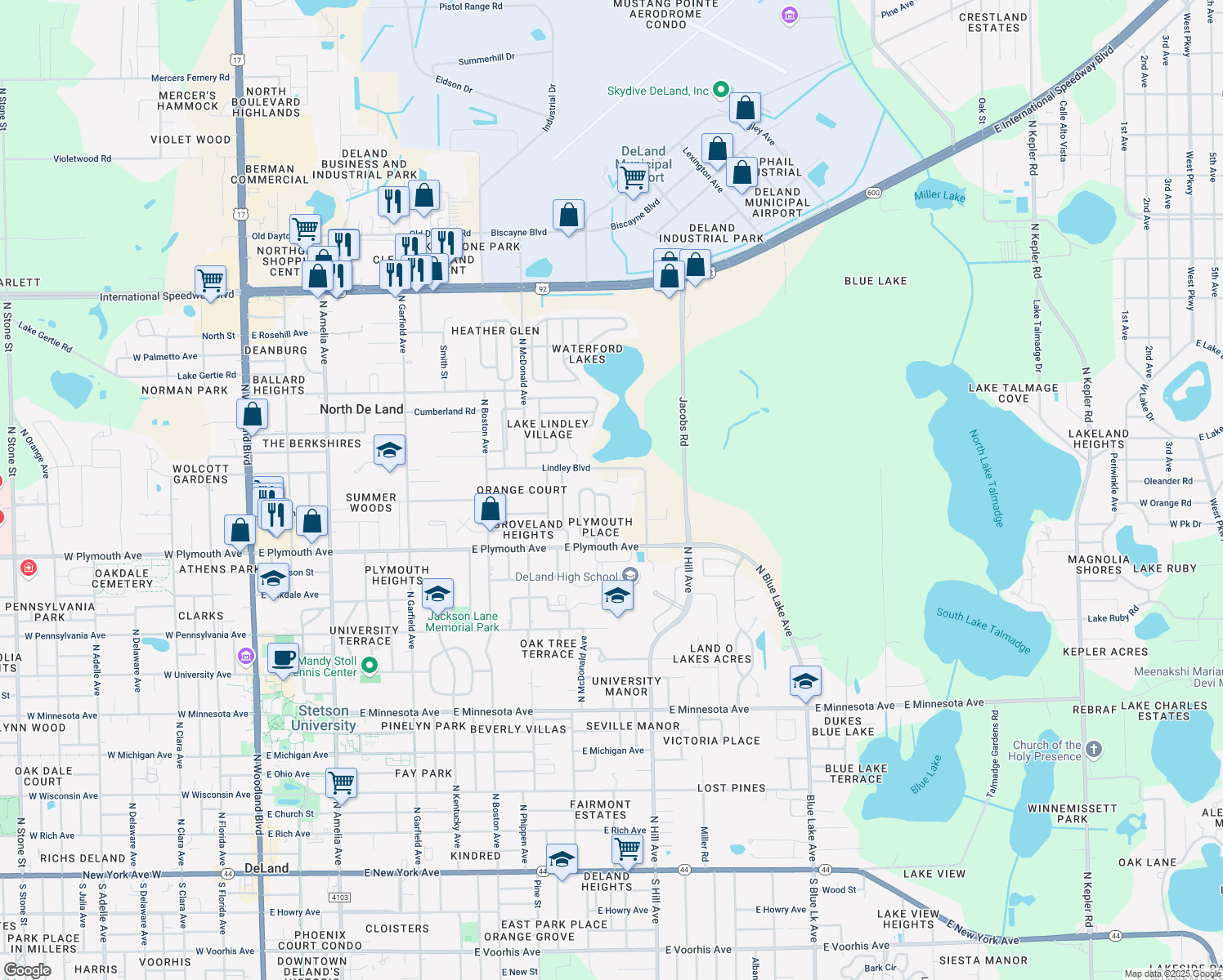 map of restaurants, bars, coffee shops, grocery stores, and more near 1009 Marlboro Drive in DeLand