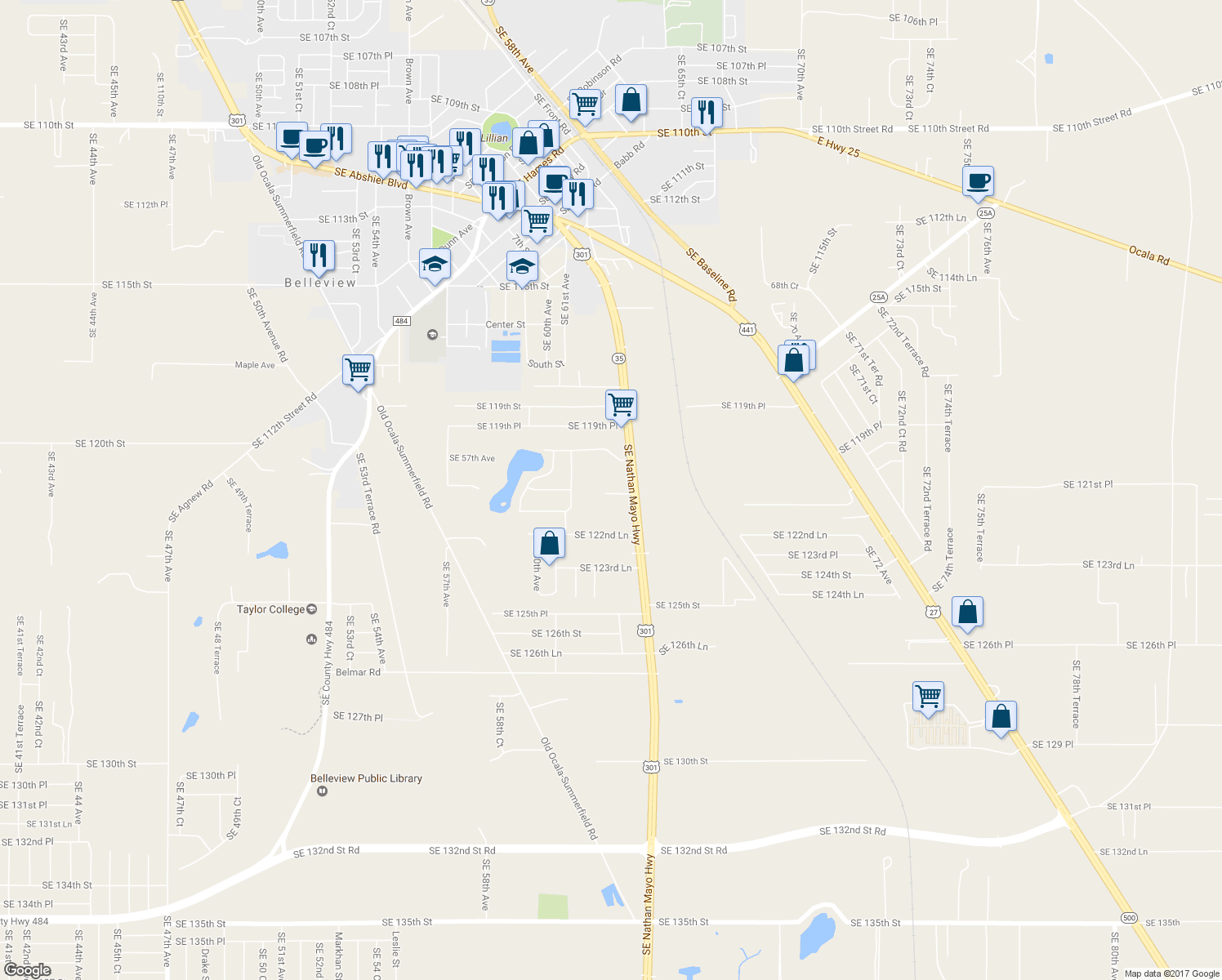 map of restaurants, bars, coffee shops, grocery stores, and more near 6271 Southeast 121st Place in Belleview