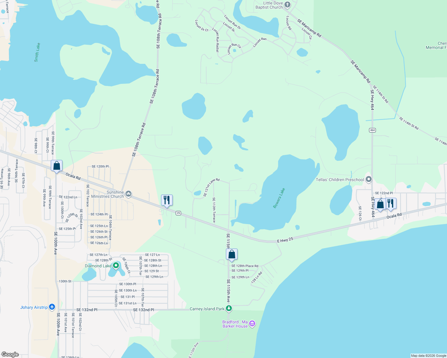 map of restaurants, bars, coffee shops, grocery stores, and more near 11465 Southeast 121st Lane Road in Belleview