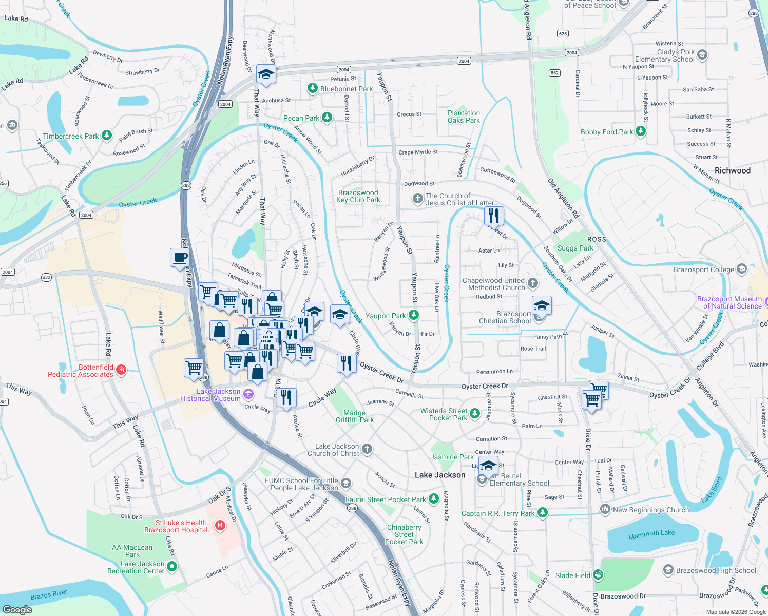 map of restaurants, bars, coffee shops, grocery stores, and more near 214 Banyan Court in Lake Jackson
