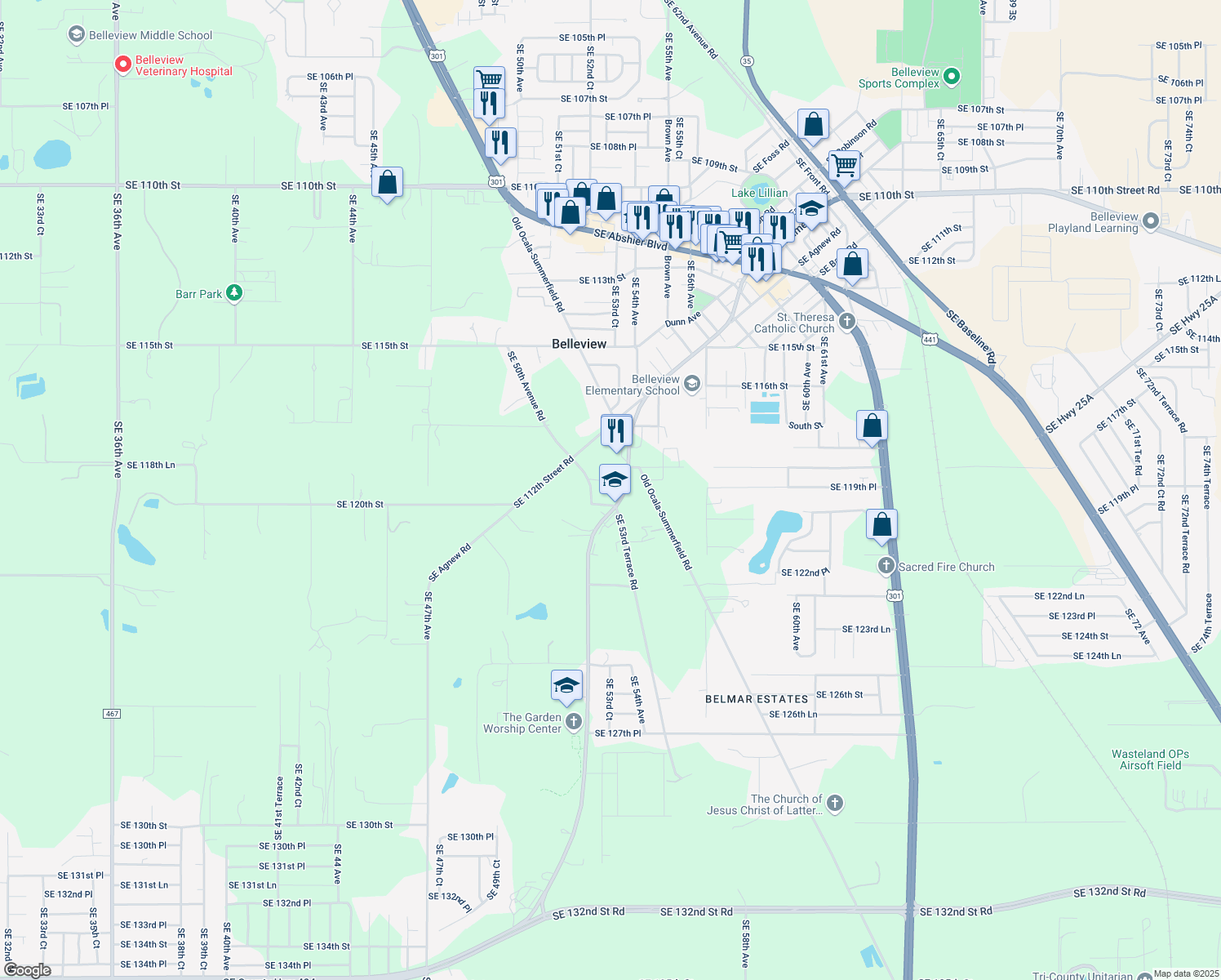 map of restaurants, bars, coffee shops, grocery stores, and more near 11960 Southeast County Highway 484 in Belleview