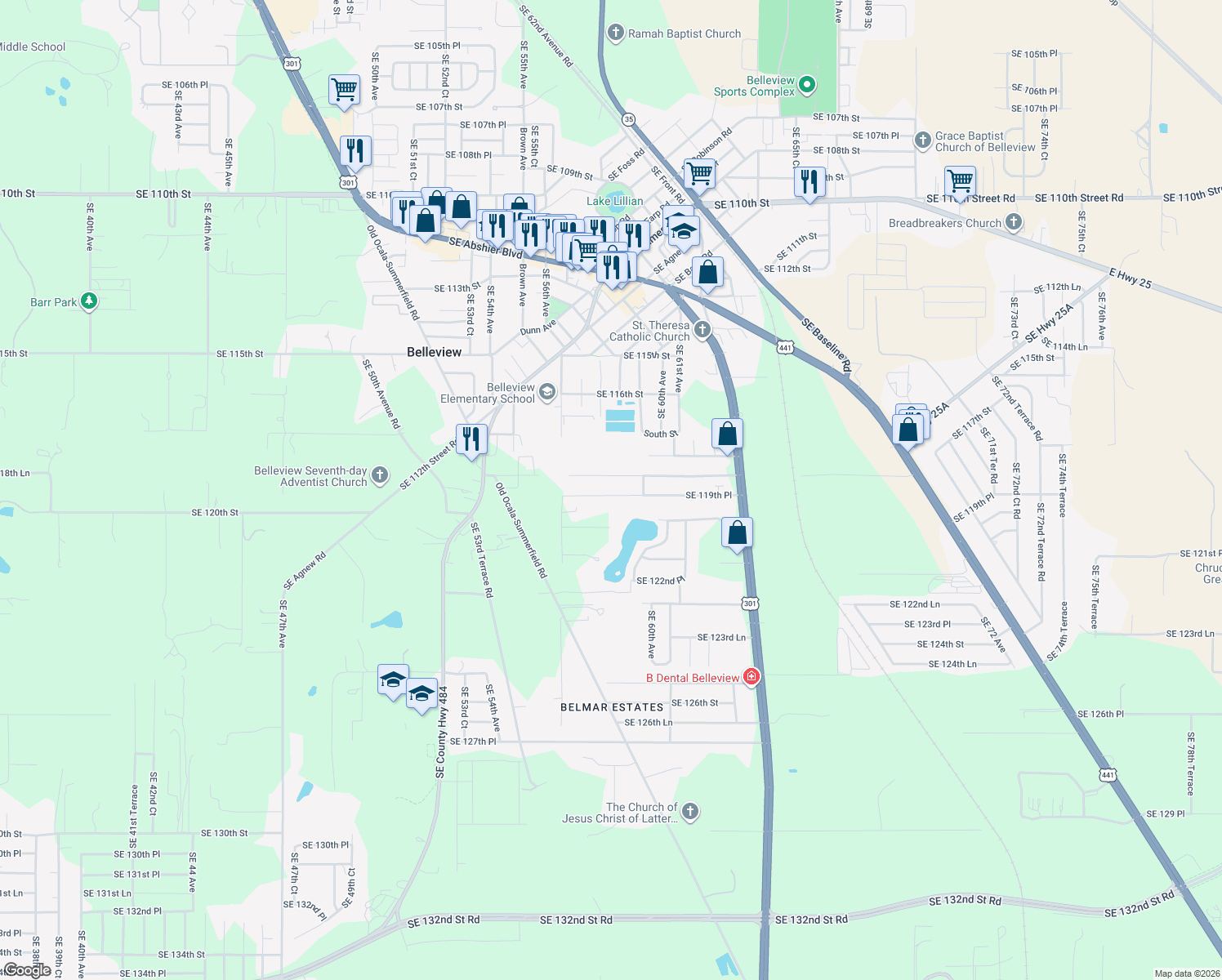map of restaurants, bars, coffee shops, grocery stores, and more near 5845 Southeast 119th Place in Belleview