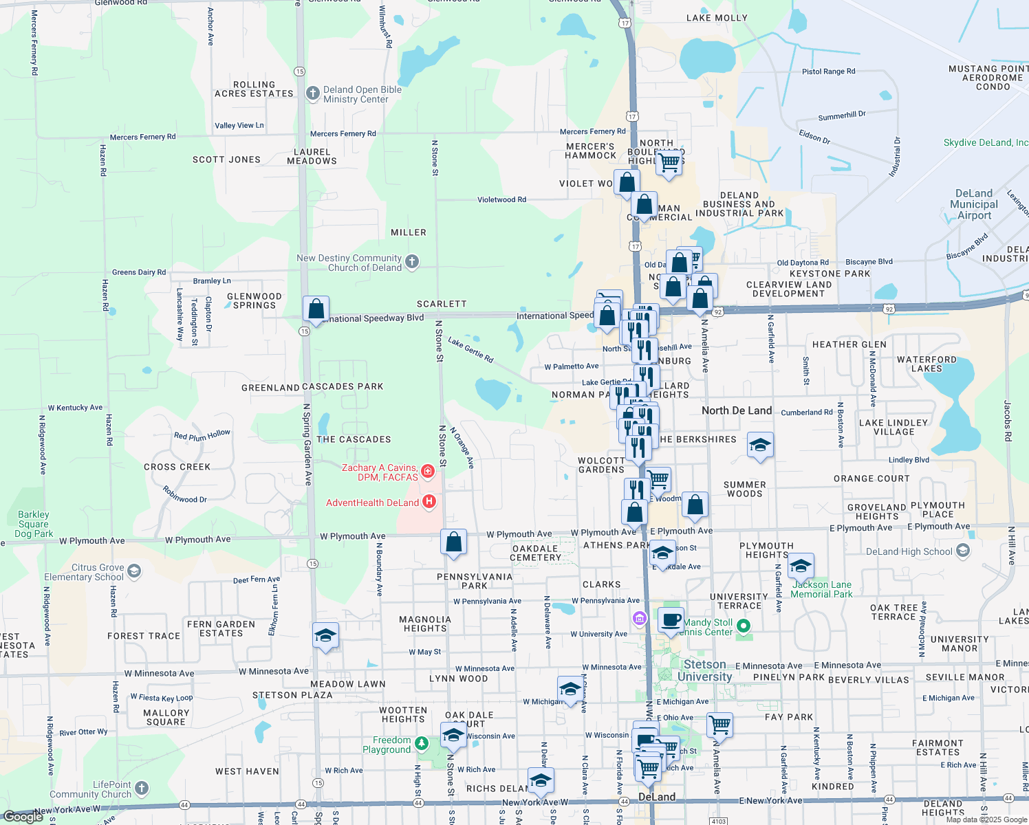 map of restaurants, bars, coffee shops, grocery stores, and more near 1250 Westoak Drive in DeLand