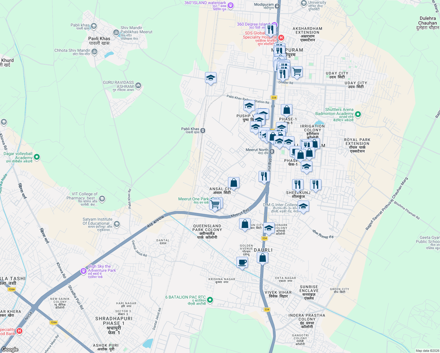 map of restaurants, bars, coffee shops, grocery stores, and more near Galleria Road in Meerut