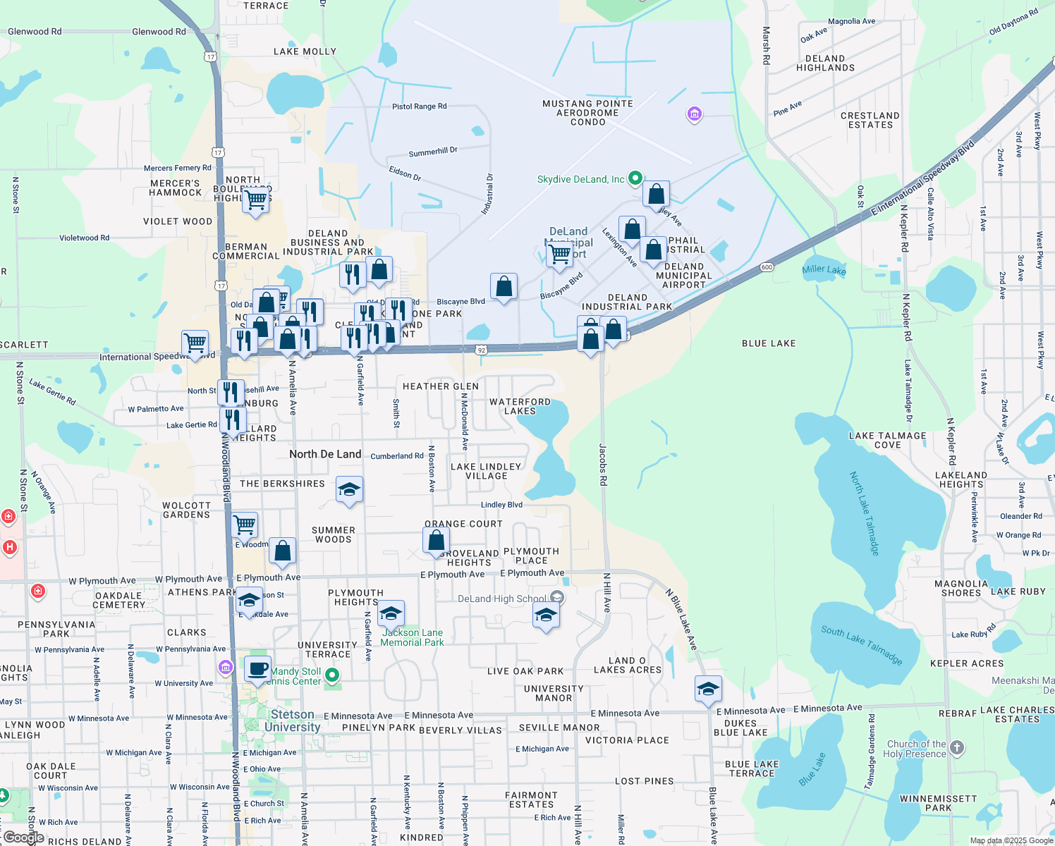 map of restaurants, bars, coffee shops, grocery stores, and more near 1303 Sutton Island Drive in DeLand