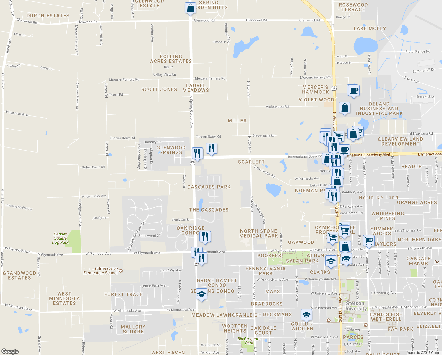 map of restaurants, bars, coffee shops, grocery stores, and more near 933 Cascades Park Trail in DeLand