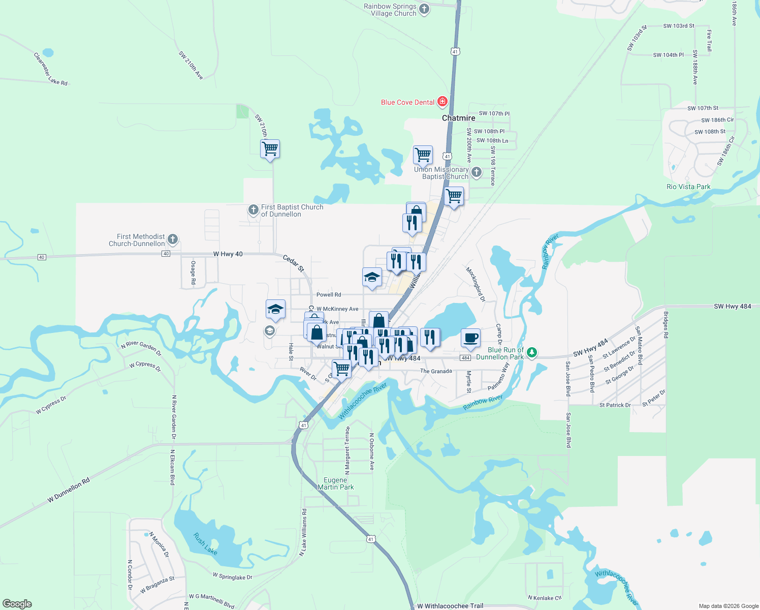 map of restaurants, bars, coffee shops, grocery stores, and more near 20473 West McKinney Avenue in Dunnellon