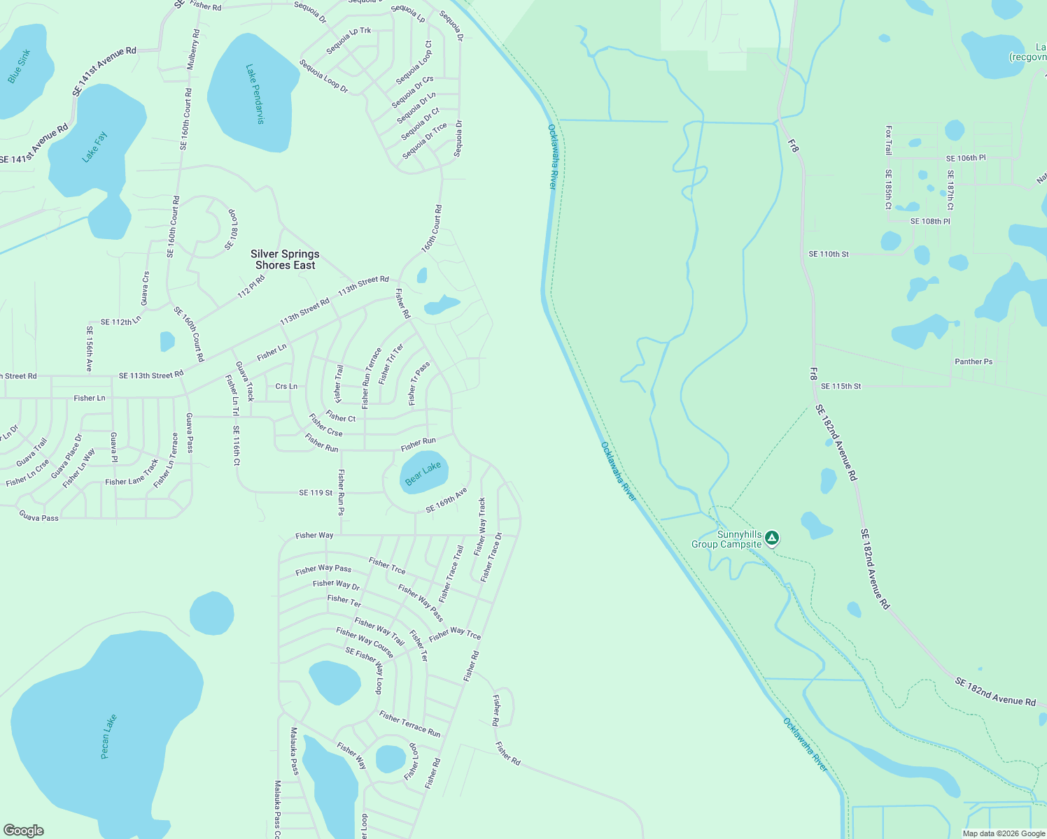 map of restaurants, bars, coffee shops, grocery stores, and more near 475 Fisher Road in Ocklawaha
