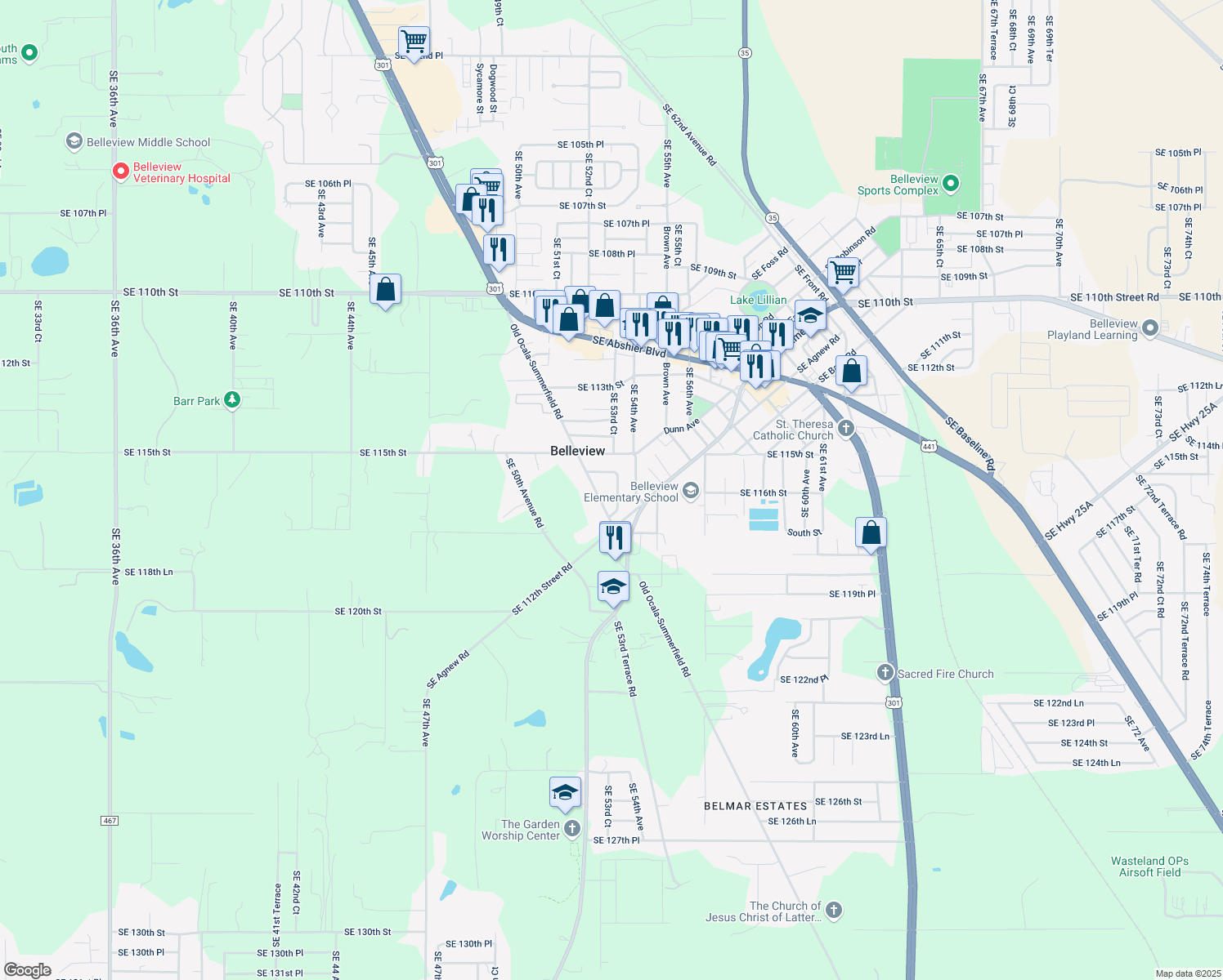map of restaurants, bars, coffee shops, grocery stores, and more near 11560 Southeast 53rd Court in Belleview