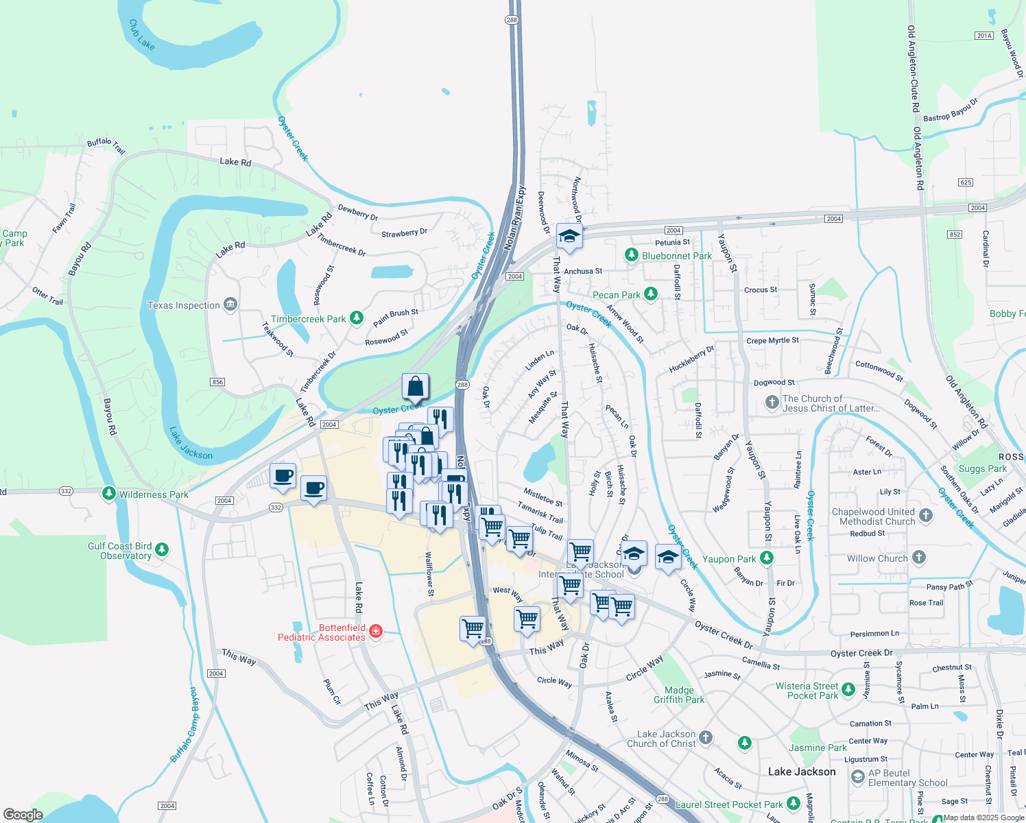 map of restaurants, bars, coffee shops, grocery stores, and more near 213 Any Way St in Lake Jackson