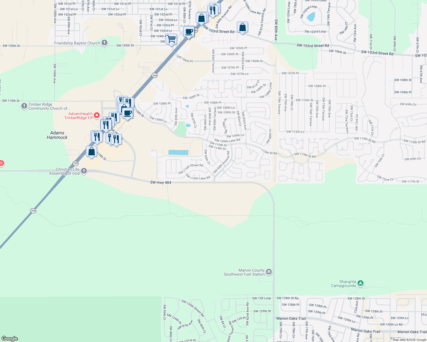 map of restaurants, bars, coffee shops, grocery stores, and more near 11590 Southwest 84th Avenue Road in Ocala
