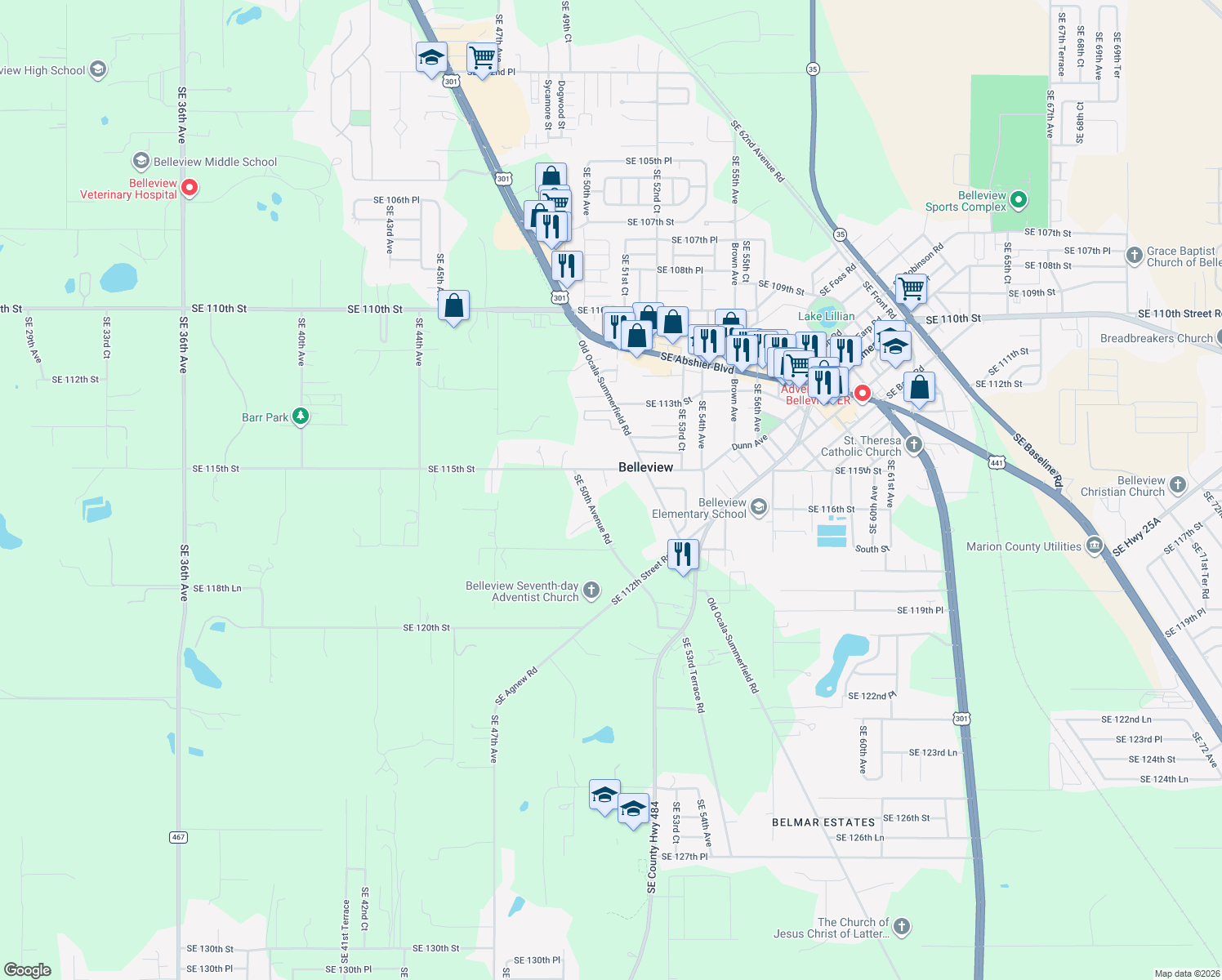 map of restaurants, bars, coffee shops, grocery stores, and more near 5096 Southeast 115th Street in Belleview