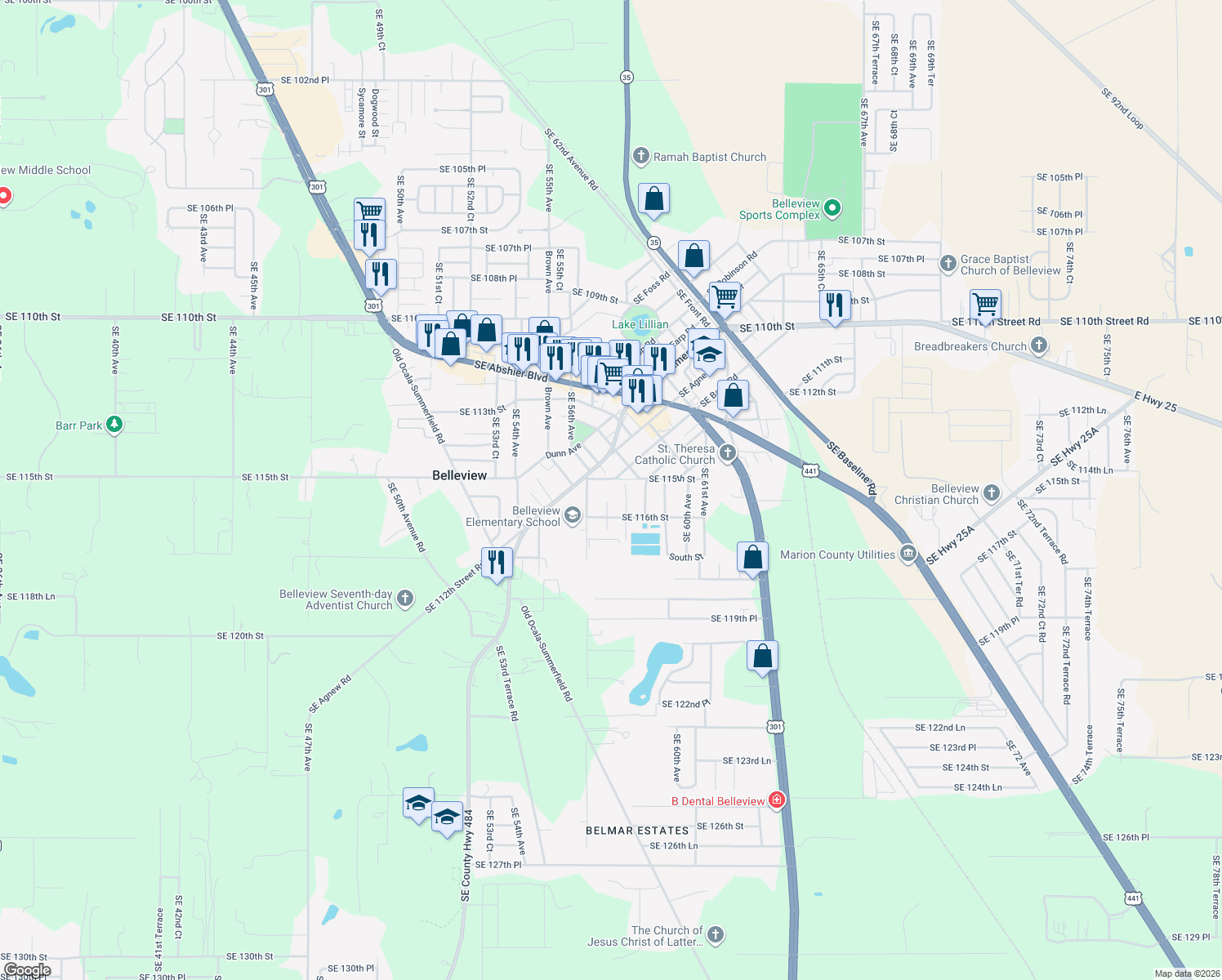 map of restaurants, bars, coffee shops, grocery stores, and more near 5750 Southeast 115th Street in Belleview