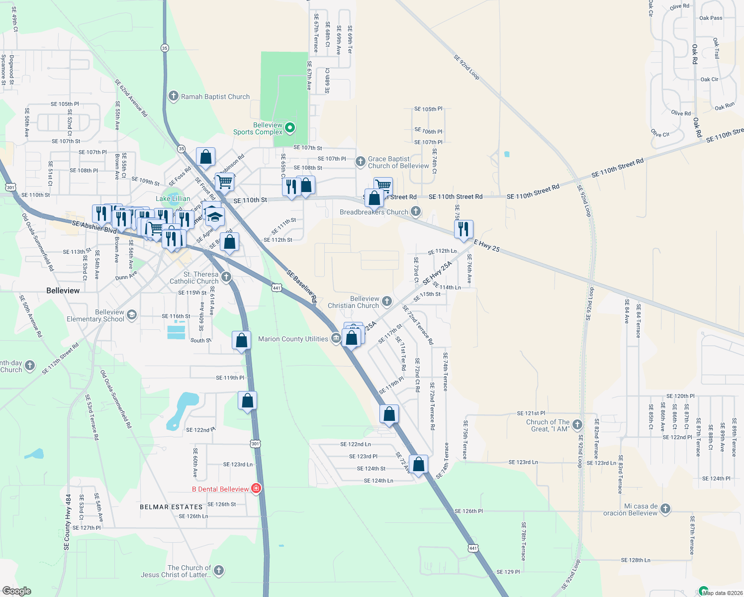 map of restaurants, bars, coffee shops, grocery stores, and more near 11515 Southeast 71st Terrace Road in Belleview