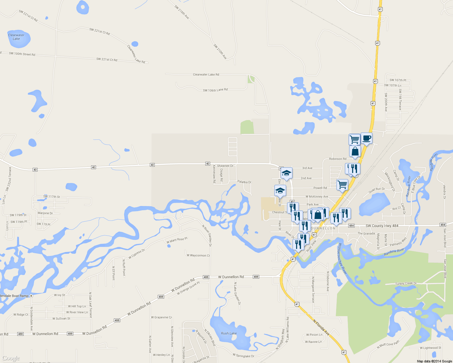 map of restaurants, bars, coffee shops, grocery stores, and more near 11602 Seminole Road in Dunnellon