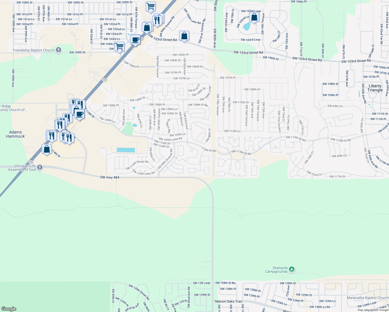 map of restaurants, bars, coffee shops, grocery stores, and more near 11480 Southwest 82nd Court Road in Ocala