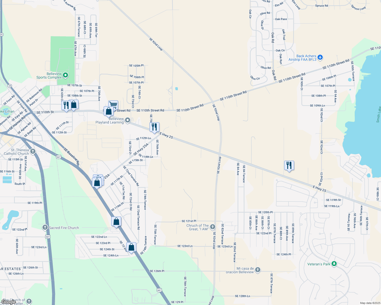 map of restaurants, bars, coffee shops, grocery stores, and more near 7930 East Highway 25 in Belleview