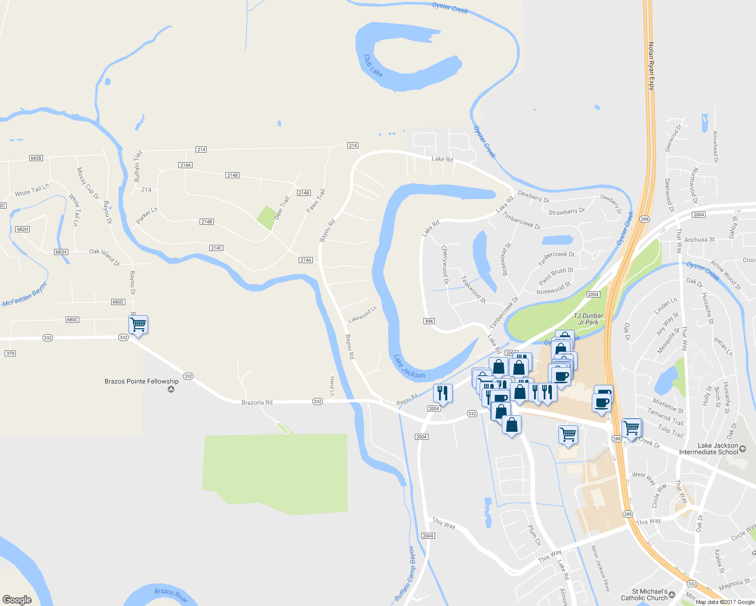 map of restaurants, bars, coffee shops, grocery stores, and more near 4 Lakewood Lane in Lake Jackson