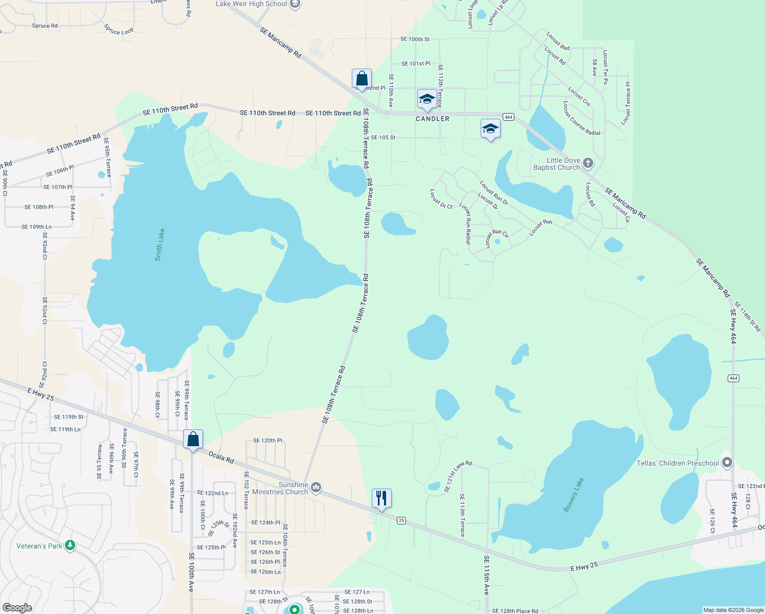 map of restaurants, bars, coffee shops, grocery stores, and more near 11375 Southeast 108th Terrace Road in Belleview