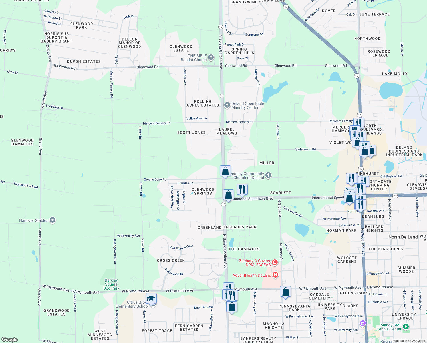 map of restaurants, bars, coffee shops, grocery stores, and more near 1111 Greens Dairy Road in DeLand