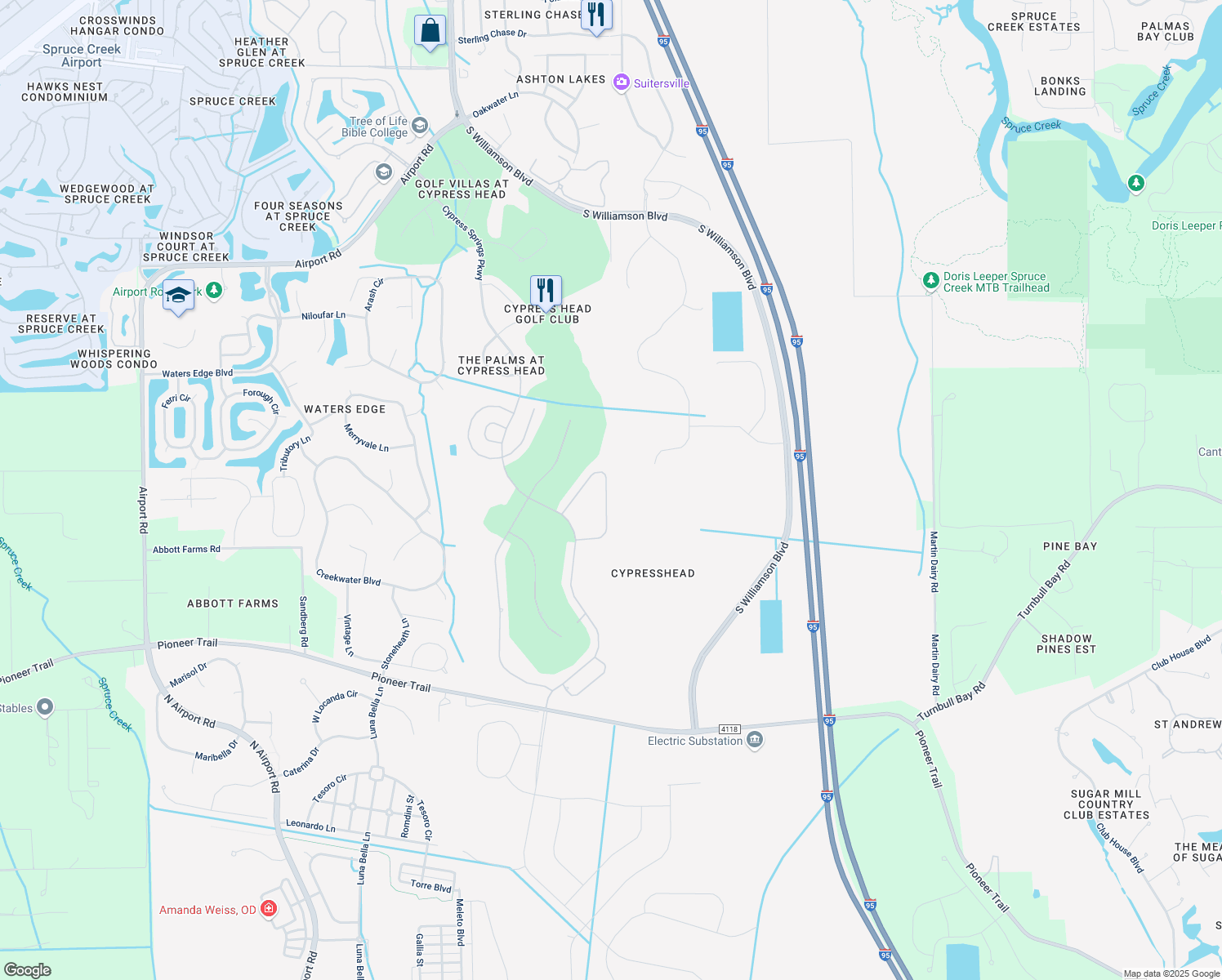 map of restaurants, bars, coffee shops, grocery stores, and more near 1103 Crystal Creek Drive in Port Orange
